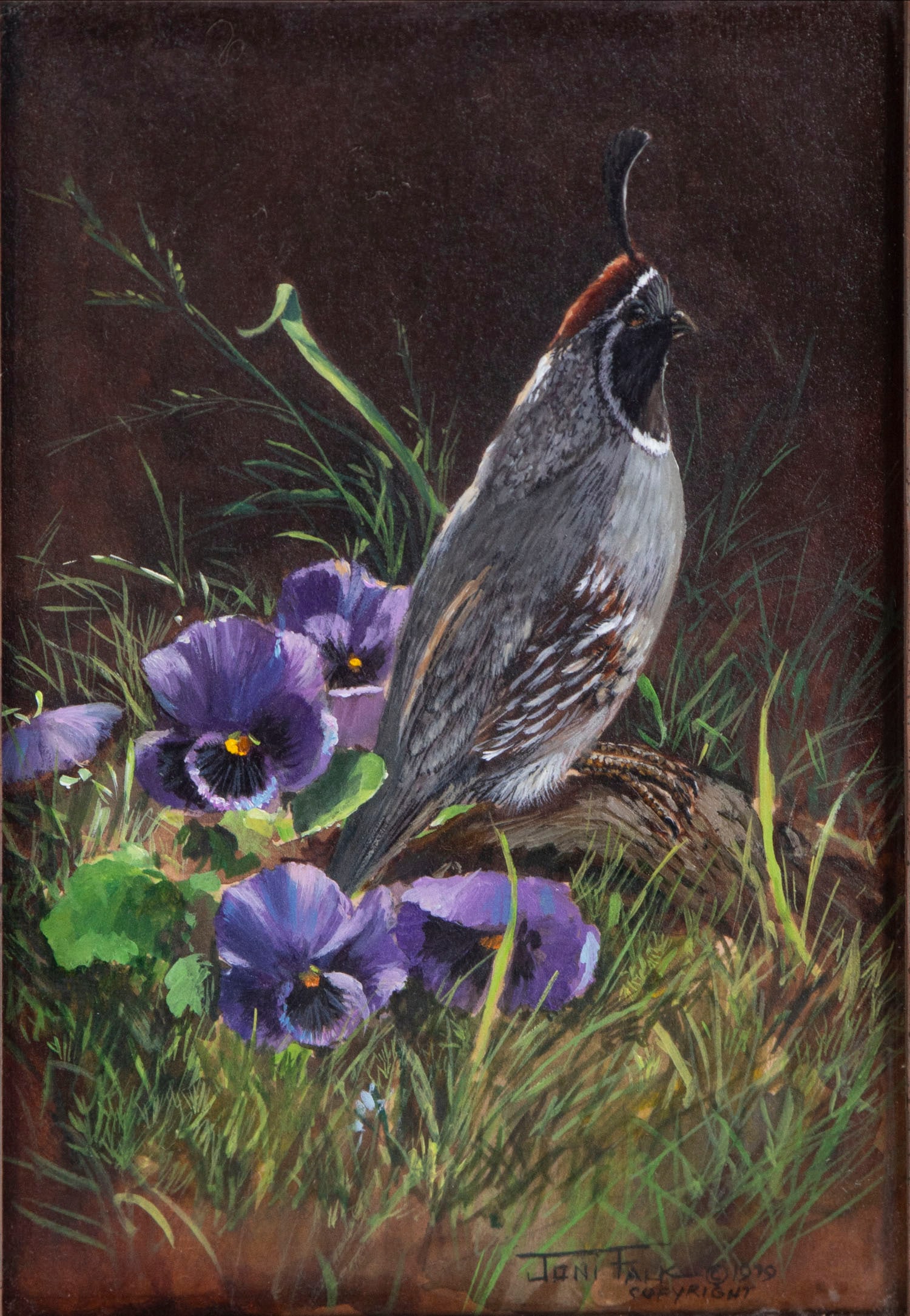 Joni Falk (b. 1933) Chicago Arizona: QUAIL, 1979, gouache on paper, signed and dated and copyright lower right, with copyright stamp on back, 7 x 5”, frame 15 ¾ x 13 ½”.