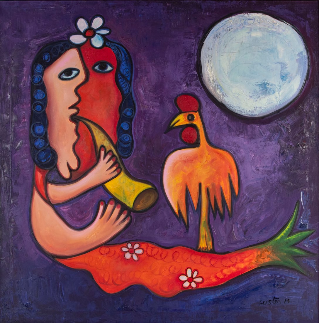 Jose Rodriguez Fuster (b. 1946) Cuban: TRUMPETER, 2012, acrylic painting with incised area on canvas, signed and dated lower right, 38 ½ x 38 ½”, frame 40 ¼ x 40 ¼”.