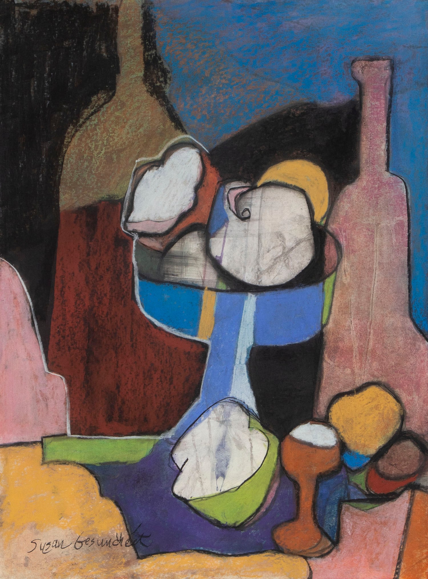 Susan Gesundheit (1952-2023) California: STILL LIFE, watercolor and color pastel on paper, signed lower left, sight 23 ½ x 17 ½”, frame 32 ½ x 26 ½ x 2” with plexiglass.