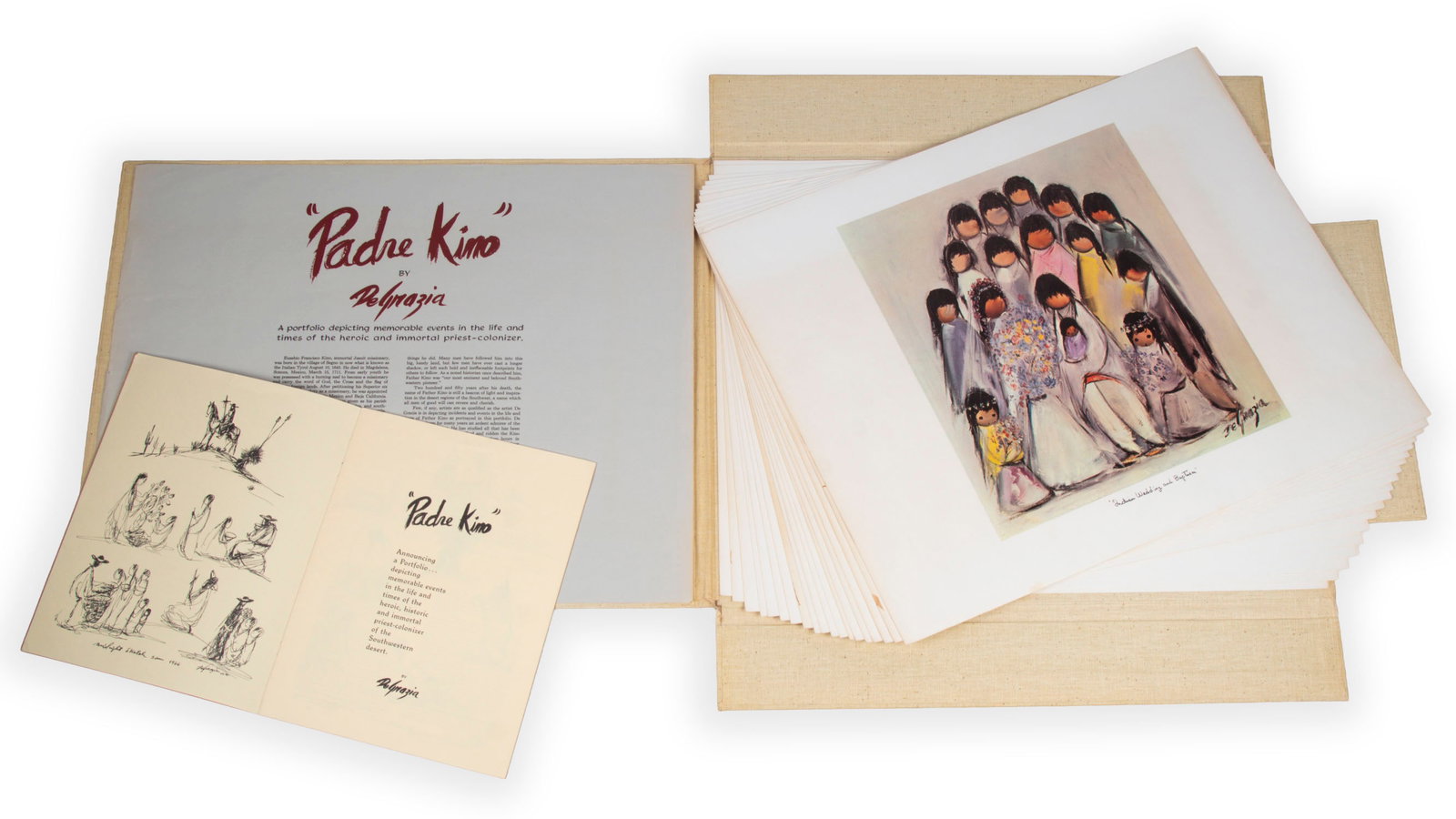 Ted De Grazia (1909-1982) Italian American: PADRE KINO, 1962, portfolio of twenty color prints in linen covered portfolio, overall 19 ¼ x 23 x 1”, with text page; together with the 1966 announcement booklet, published by Arizona Sout