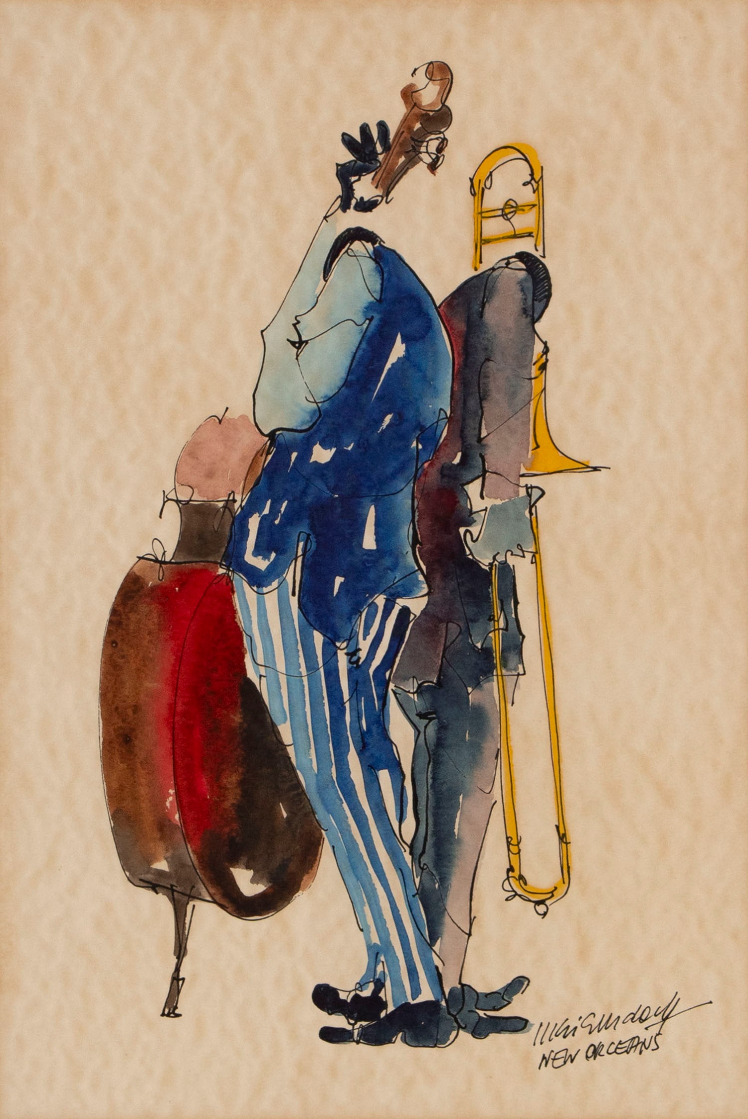 Leo Meiersdorff (1934-1994) German New York: NEW ORLEANS, watercolor on parchment-like paper, signed and titled lower right, sight 21 ½ x 14 ½”, frame 34 ½ x 28” with glass.