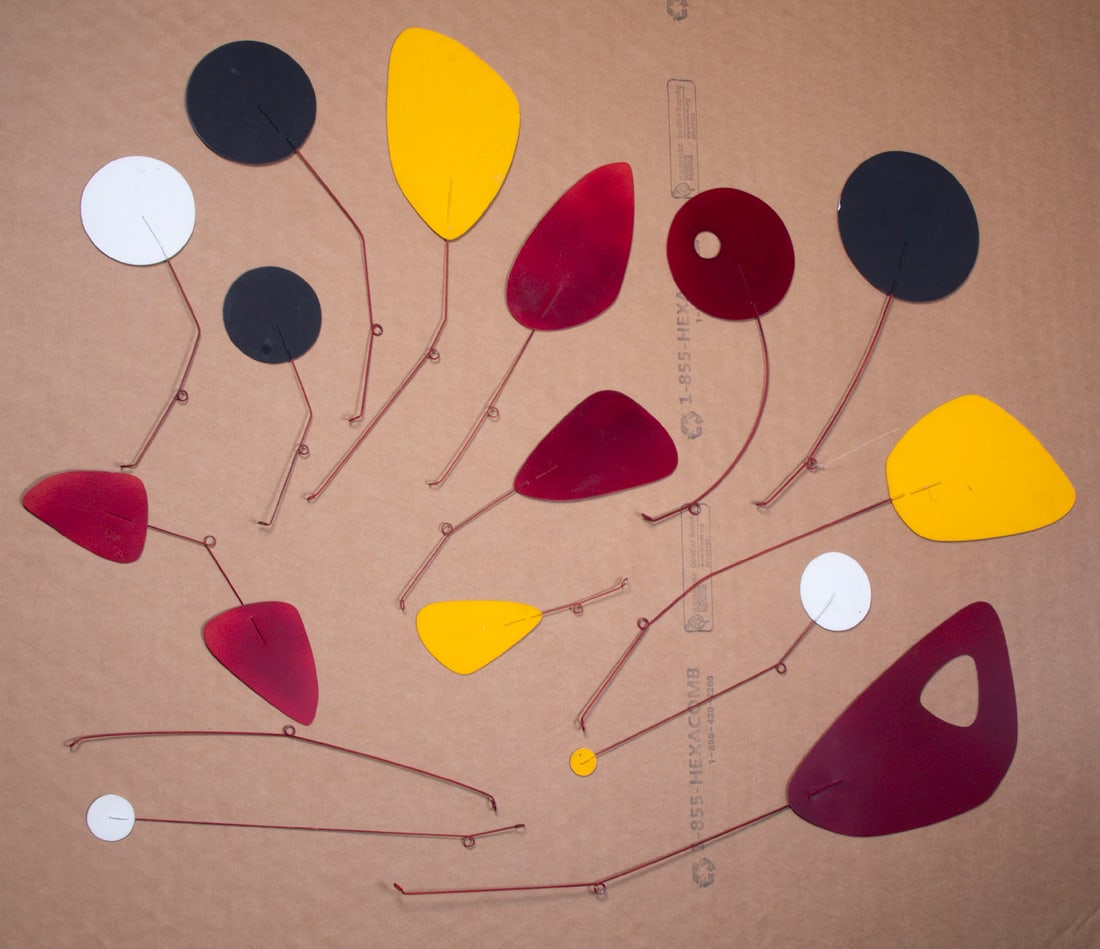 Contemporary Mobile Artist: UNTITLED IN RED YELLOW BLACK & WHITE, painted multi-color sheet metal and rod construction, signed BL 84 7/10, approximately 40 x 36” flat.