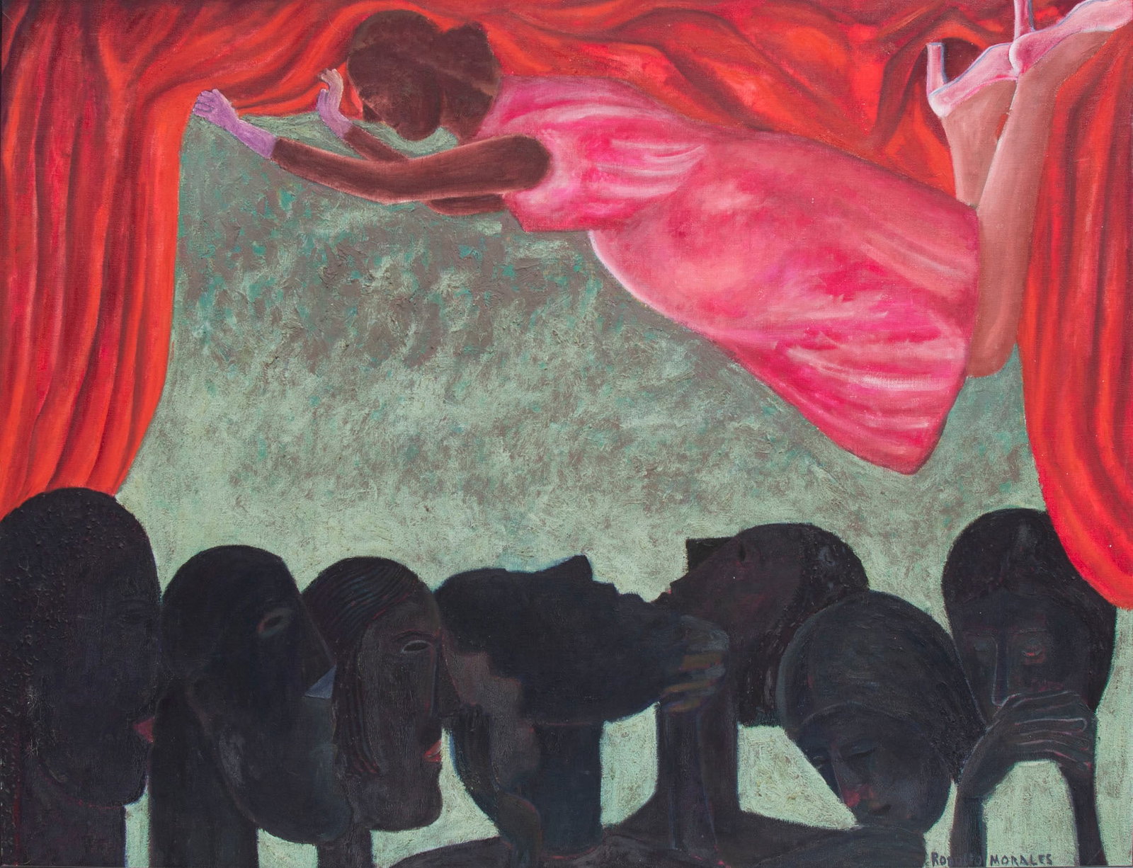 Rodolfo Morales (1925-2001) Mexican: WOMEN IN PINK DRESS FLYING OVER AUDIENCE, oil painting on canvas, signed lower right, 39 ½ x 51 ¼”, frame 45 x 56 ¼” with small losses. Conditions of Sale and Terms of Guara