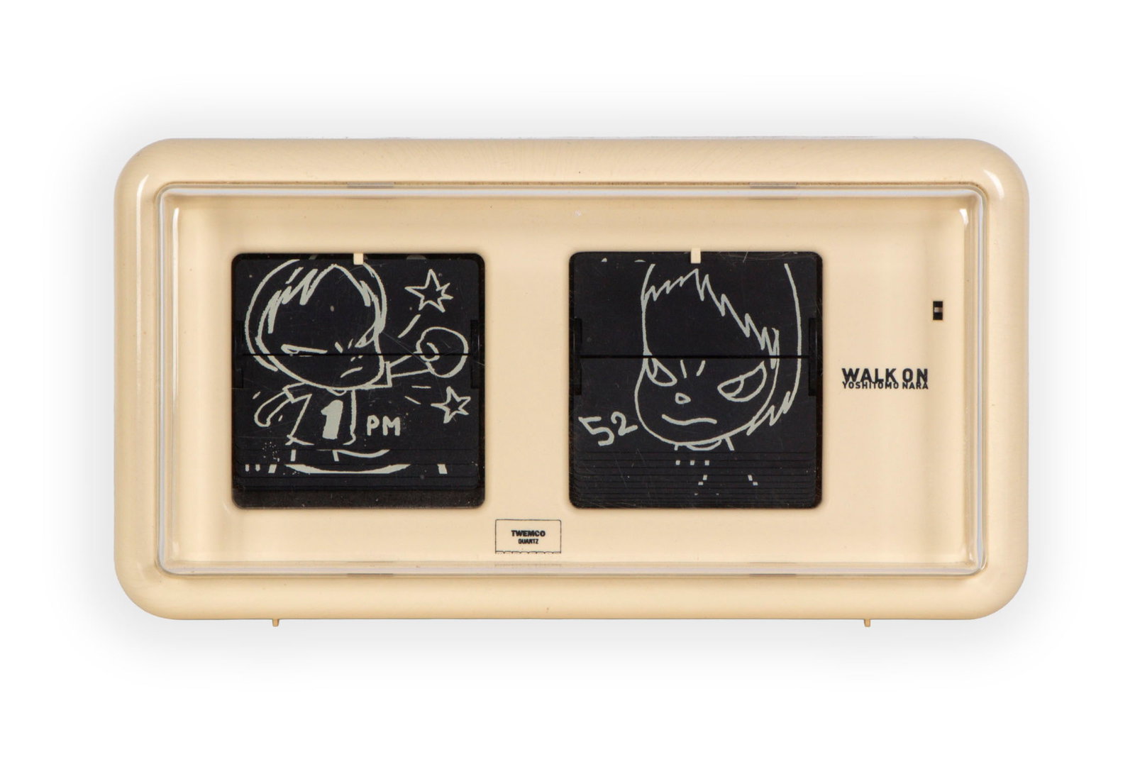 Yoshitomo Nara (b. 1959) Japanese: WALK ON FLIP CLOCK, white, 2003, plastic with quartz clock mechanism, working, name and titled in design, 4 ¼ x 7 ¾ x 3 ¼”. From the collection of David Limburger and Sheila