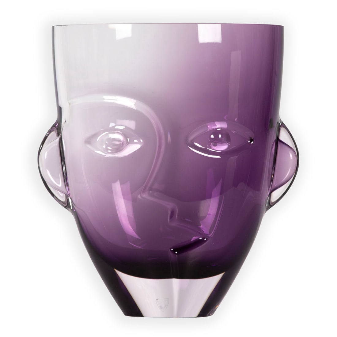 Orrefors Glass: Clear and color thick and wide head vase, signed underneath, label at base, 11” tall, 10 ¼” wide, weight 16 lbs.