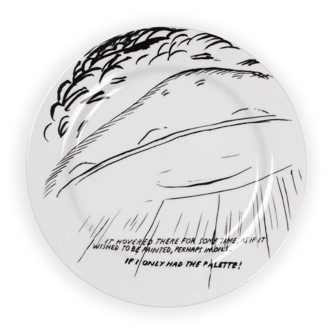 Raymond Pettibon (b. 1957) New York: IT HOVERED THERE FOR SOME TIME…. from Santa Monica Museum of Art 20th Anniversary Plate, 2008, glazed porcelain plate with printed decoration, initialed inscribed 84 from an edition of 125