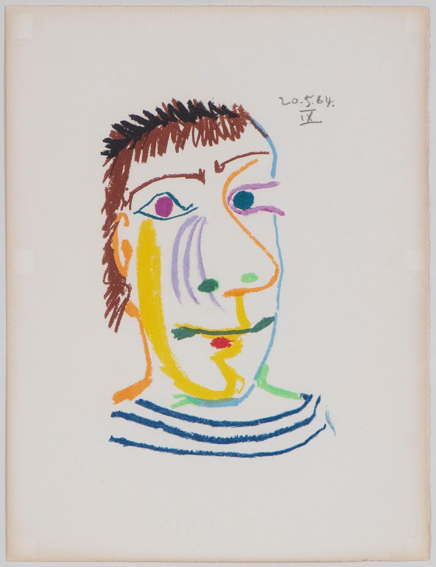 after Pablo Picasso (1881-1973) Spanish: PORTRAIT from Le Gout du Bonheur, 1970, color lithograph from a limited edition, published by Harry Abrams, Inc. New York sheet 12 ¾ x 9 ¾”, frame 23 x 19” with glass.