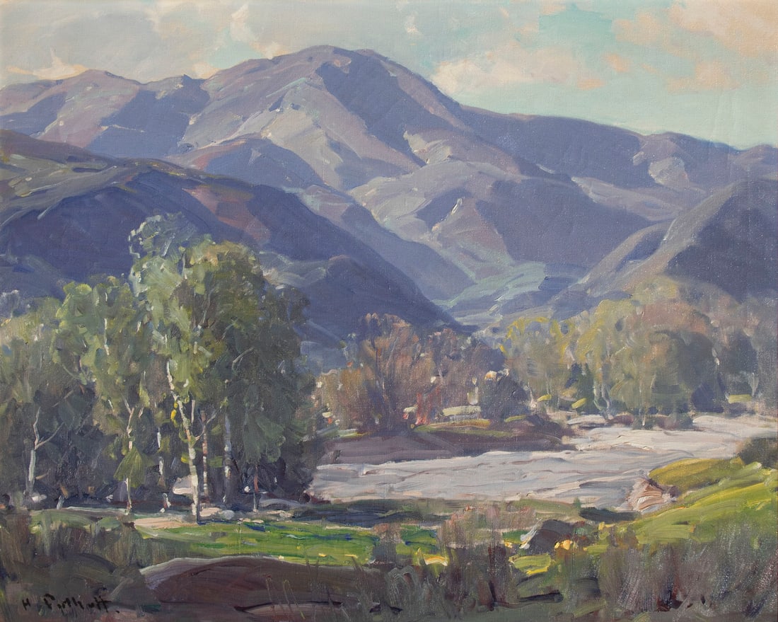 Hanson Duvall Puthuff (1875-1972) Missouri California: CALIFORNIA LANDSCAPE, oil painting on canvas, signed lower left, 24 x 30”, frame 30 ½ x 36 ½”, with vintage framer’s label on frame verso.