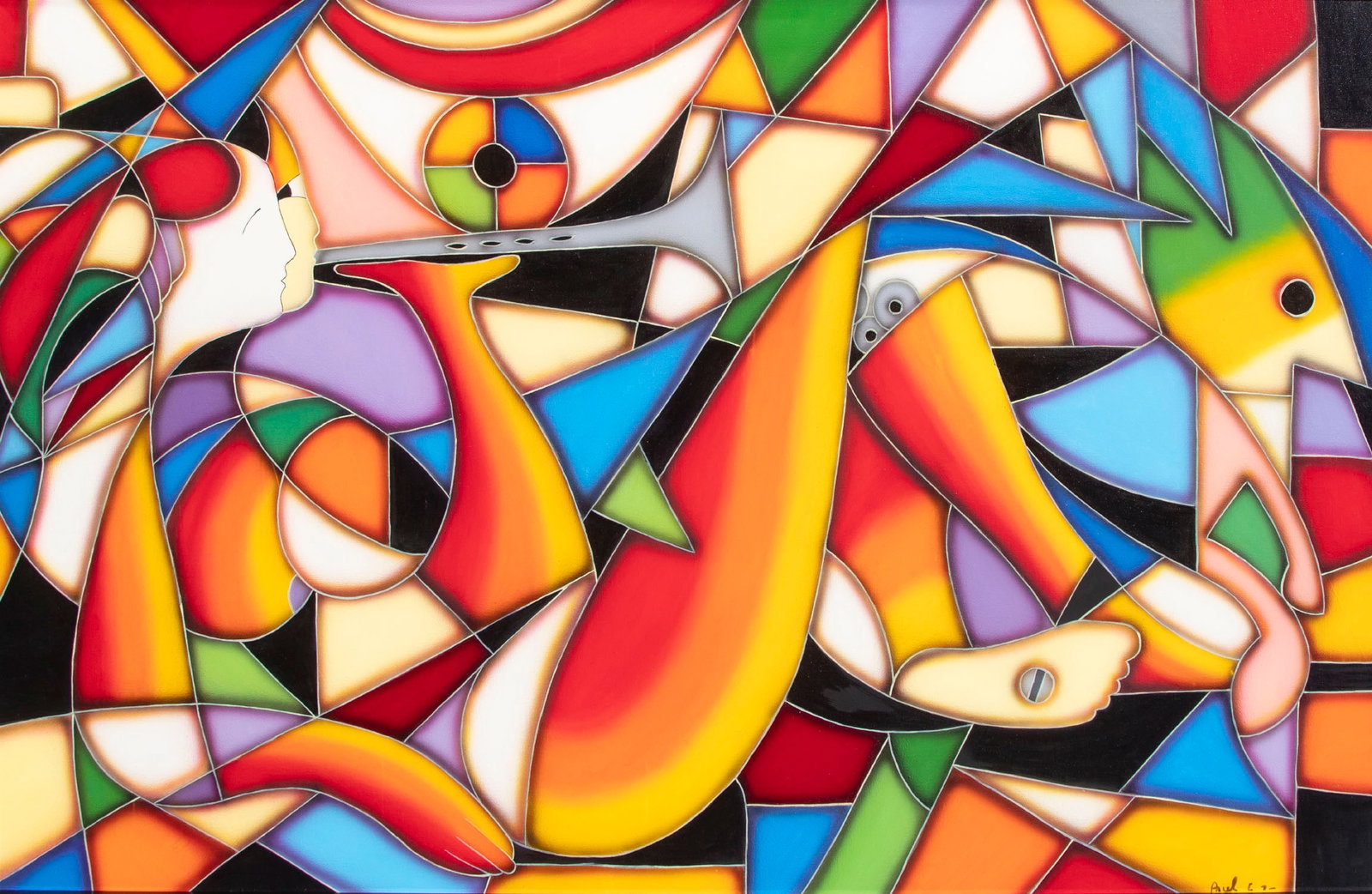 Ariel Garcia Salanueva (20th/ 21st Century) Cuban: TRUMPET, oil painting on canvas, signed lower right, 35 ½ x 55 ½”, frame 37 x 57”.