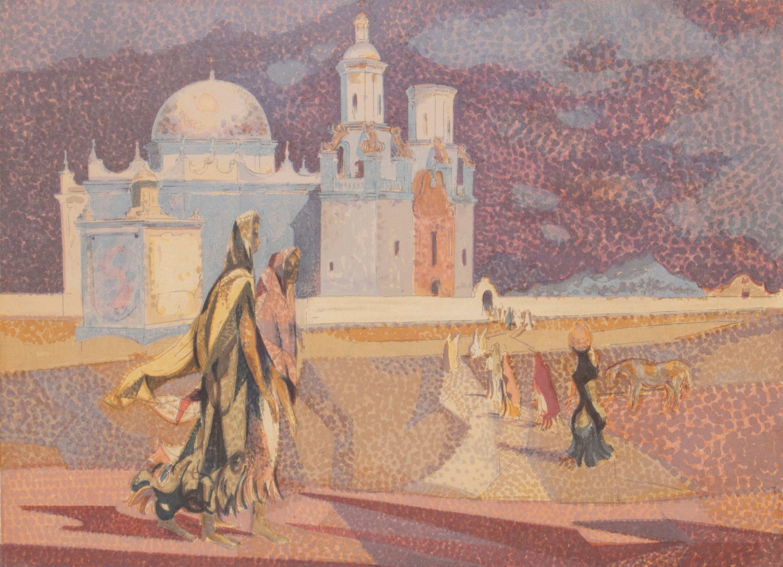Millard Sheets (1907-1989) California: WOMAN NEAR SAN XAVIER MISSION, color screenprint, estate signature stamp in ink lower right, image 22 x 30”, full margins, frame 35 ¼ x 43 ¼” with glass.