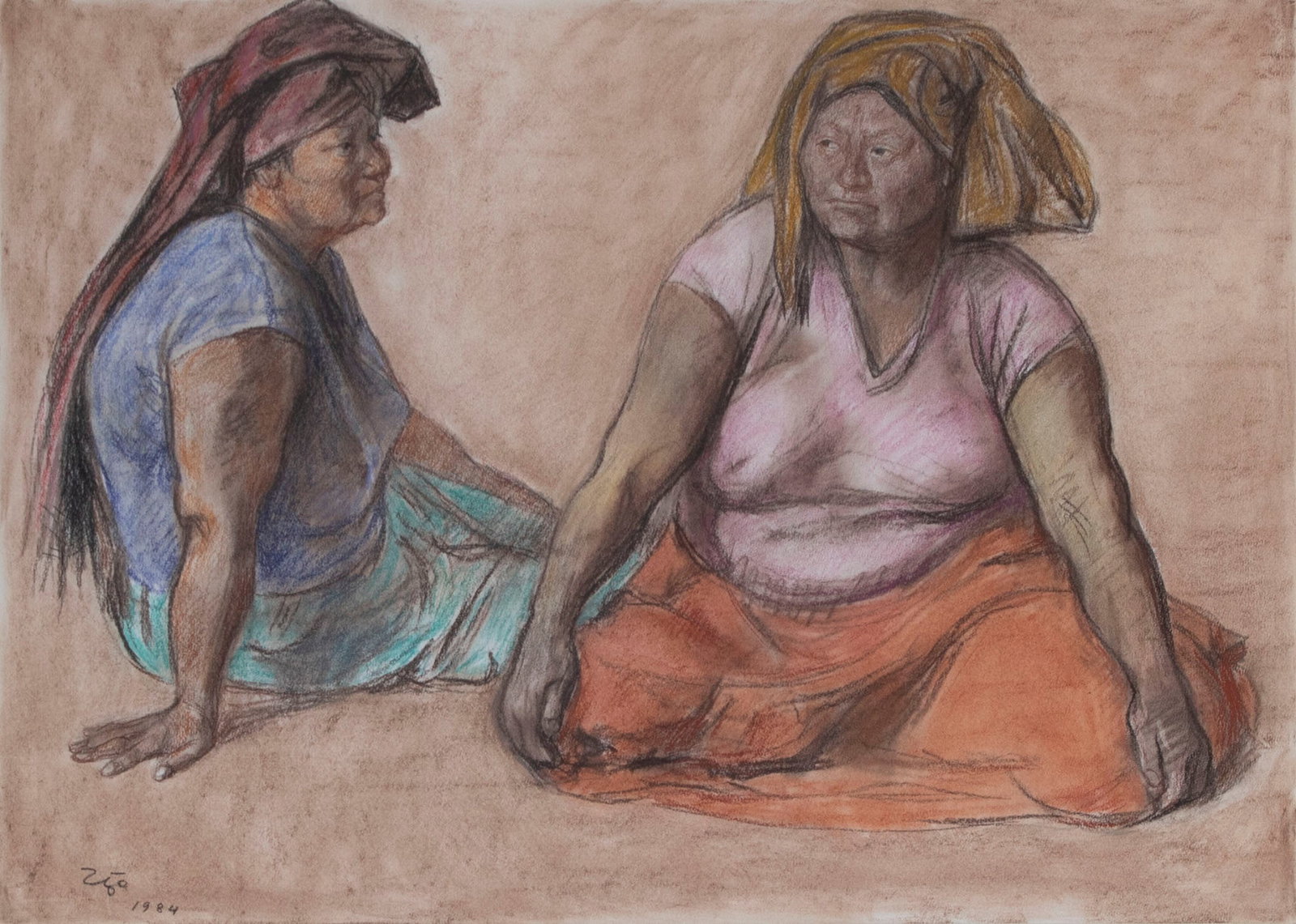 Francisco Zuniga (1912-1998) Costa Rica Mexico: DOS MUJERS SENTADAS (Zuniga 3244), 1984, crayon and color pastel drawing on paper, signed and dated lower left, 19 ¾ x 27 ½”, Capitol Arts frame 35 x 42 ½” with glass.