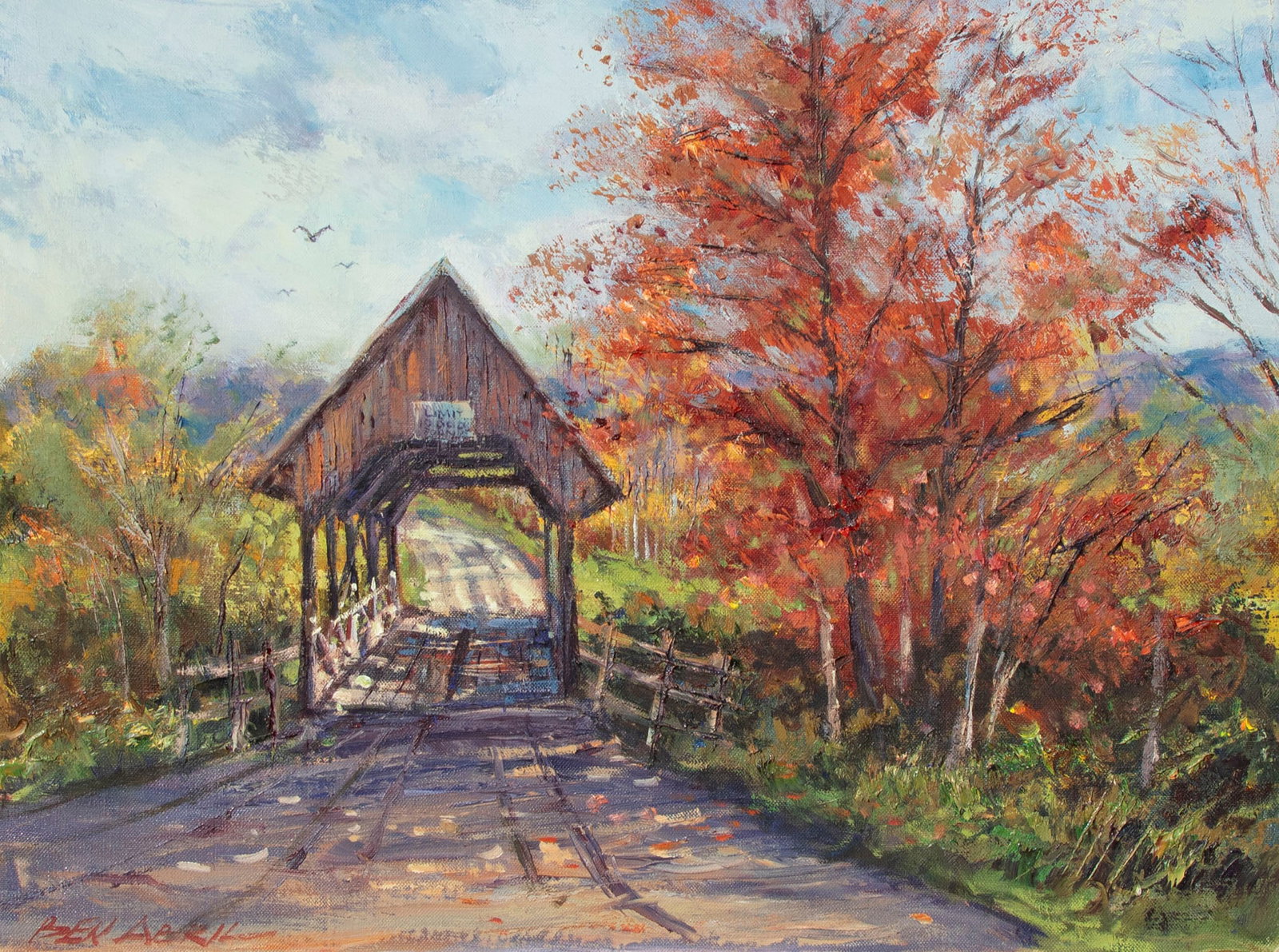 Ben Abril (1923-1995) California: COVERED BRIDGE AT HARVEY VERMONT, oil painting on canvas, signed lower left, 18 x 24”, frame 26 ¾ x 32 ¾ x 2”.