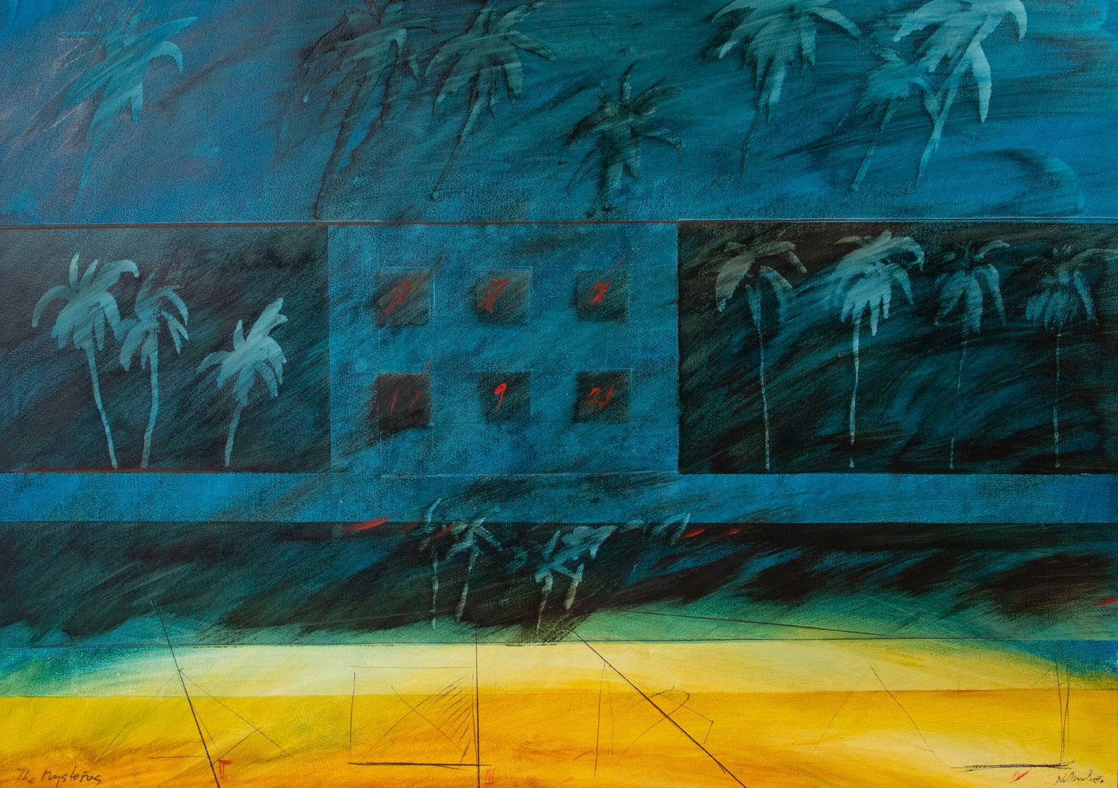 Wulf Barsch (b. 1943) German American: THE MYSTERIES, 1986, oil painting on paper, signed and titled, image 25 x 35 ½”, sheet 27 x 37 ¼”.