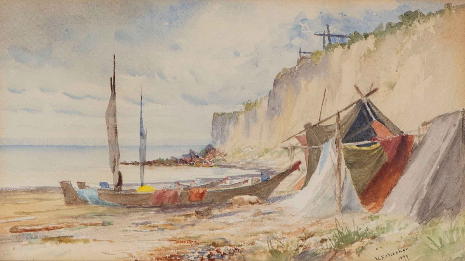 Harriet Foster Beecher (1854-1915) Indiana Washington: CAMPOUT NEAR SHORE WITH BOATS, 1897, watercolor on paper, signed and dated lower right, sight 6 ½ x 11 ¾”, frame 15 ¾ x 20 ¼” with tempered glass.