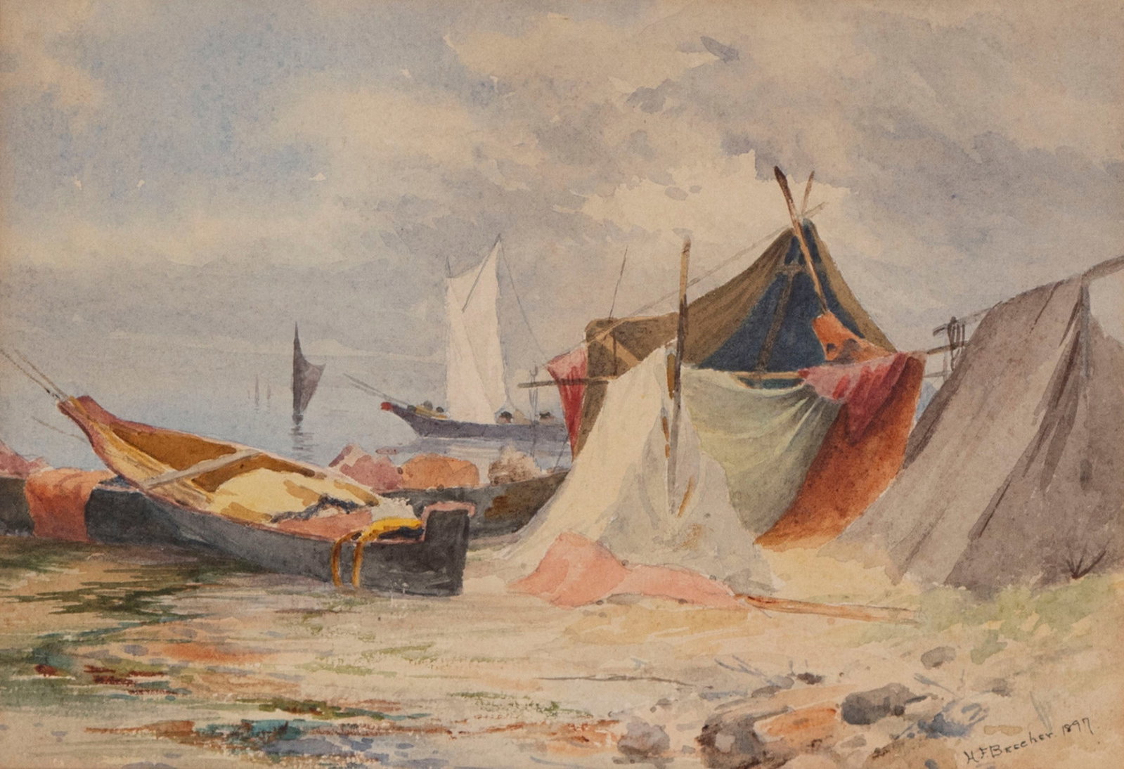 Harriet Foster Beecher (1854-1915) Indiana Washington: CAMPOUT NEAR SHORE WITH BOAT ASHORE, 1897, watercolor on paper, signed and dated lower right, sight 7 ¼ x 10 ¼”, frame 16 ¼ x 19” with tempered glass.