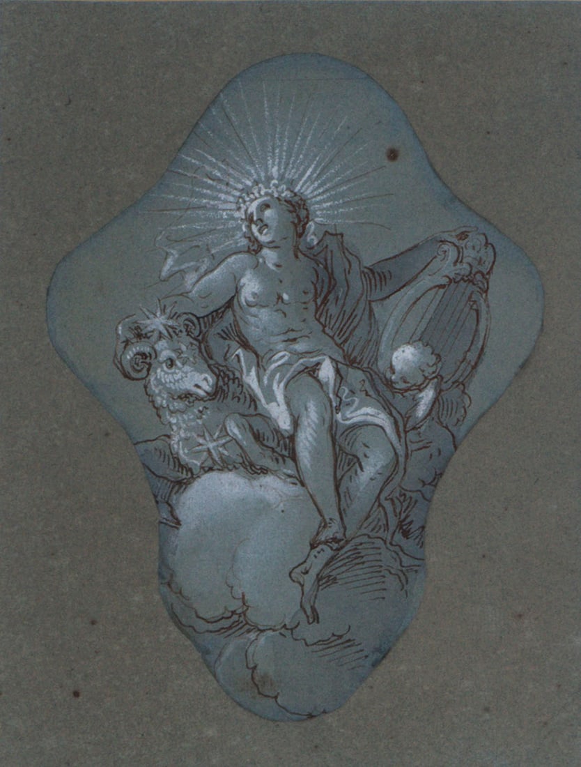 attributed to Johann Georg Bergmuller (1688-1762) German: HEAVENLY FIGURE, sepia ink and watercolor with white highlights collaged on to gray paper, sight 9 ½ x 7 ¼”, frame 24 x 19 ¾ x 2 ¼”.