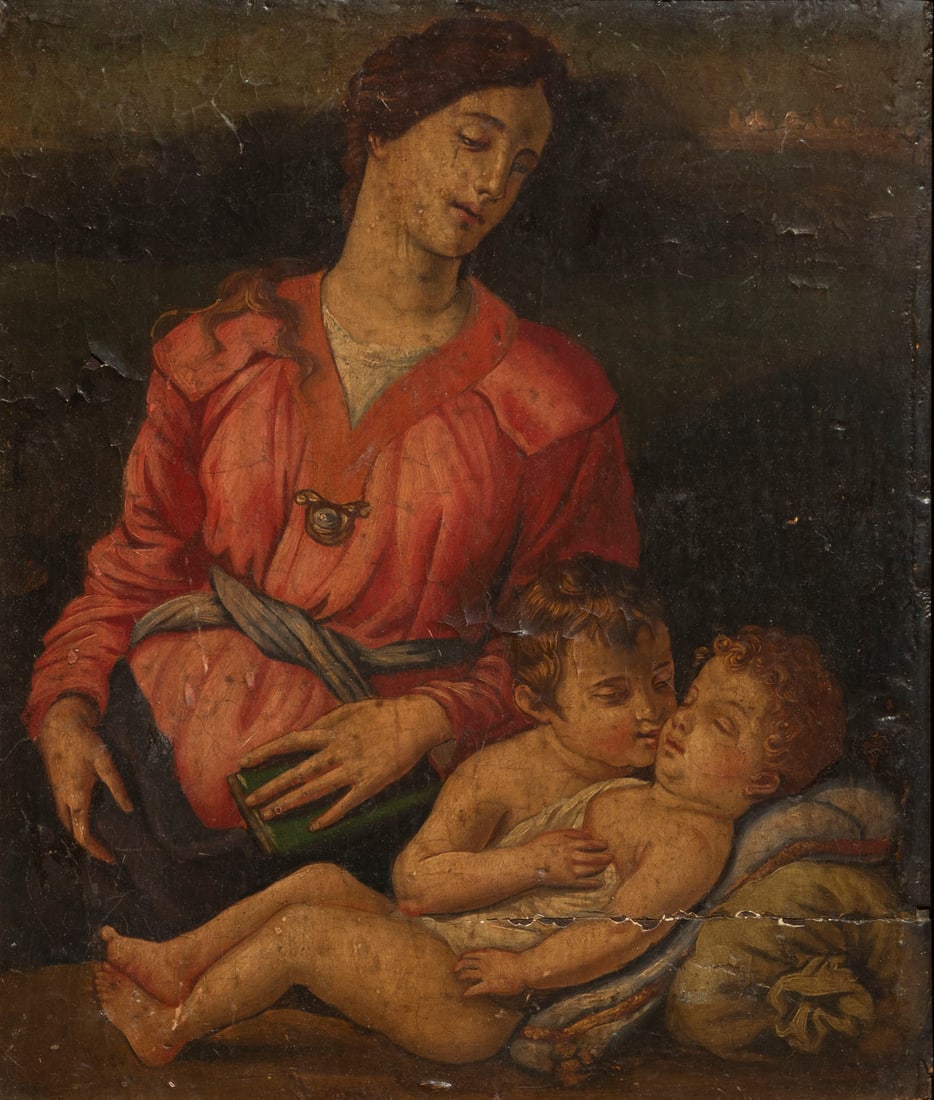 In the style of Agnolo de Cosimo Allori Bronzino (b. 1503-1572) Italian: MOTHER WITH CHILDREN, circa 1540, oil painting on panel, 16 x 14 ¼”, frame 19 x 16 ¼ x 1 ¾”.