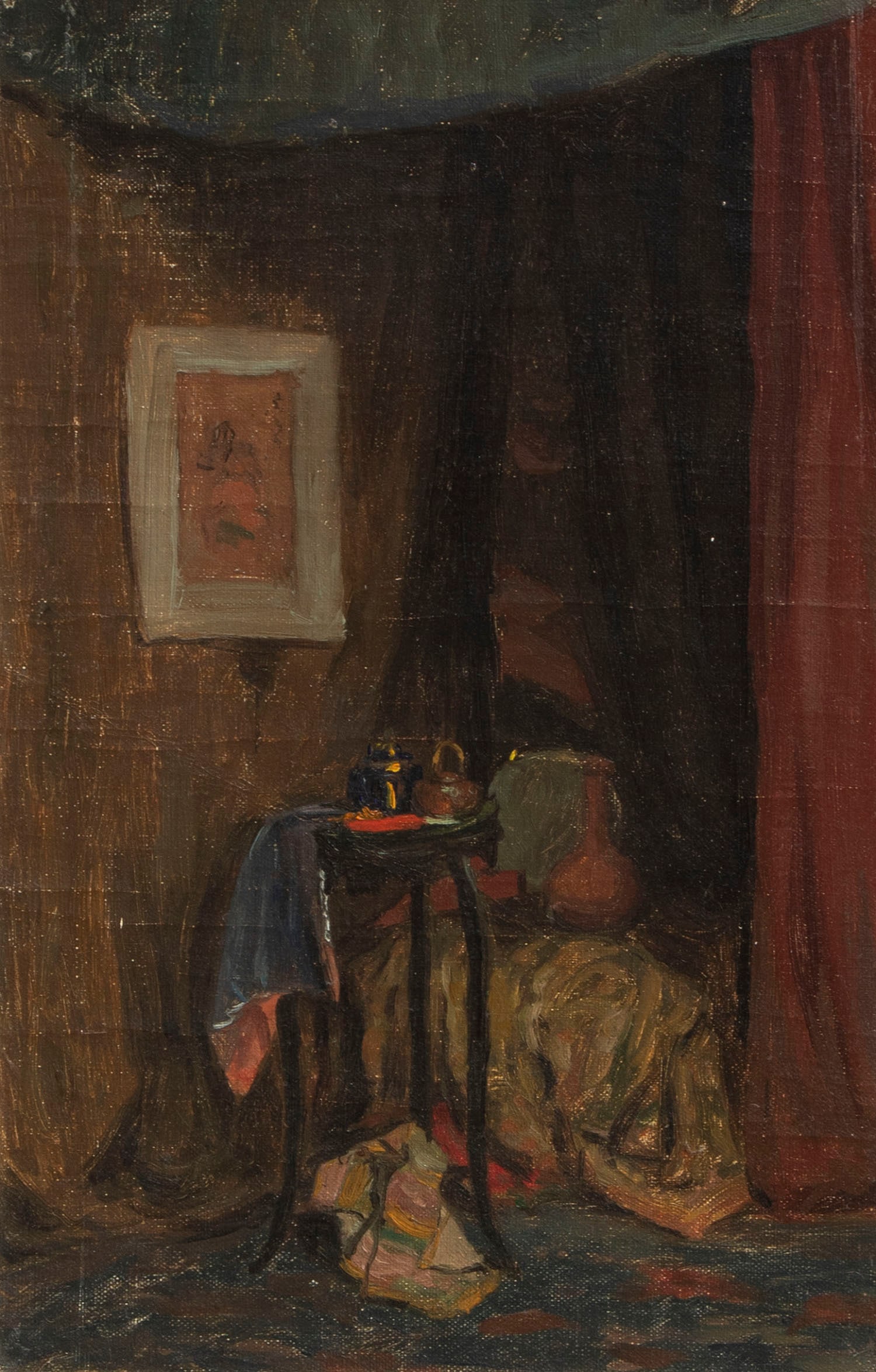 Ethelbert W. Brown (1870-1941) Pennsylvania: INTERIOR SCENE, oil painting on canvas, a signature not found, 16 x 10 ½”, frame 22 x 16 ½”.