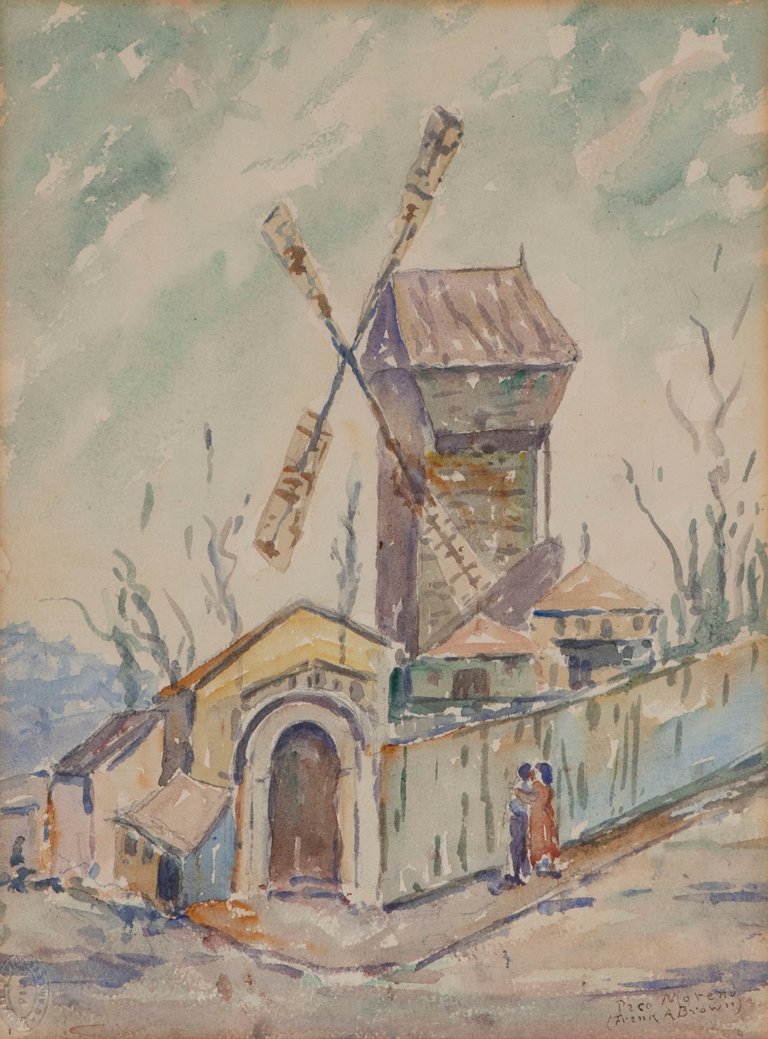 Frank A. Brown aka Paco Moreno (1876-1962) Massachusetts: MOULIN DE LA GALETTE, MONTMARTRE, watercolor on paper with blind stamp lower left, signed lower right, sight 14 ½ x 10 ¾”, frame 20 ¾ x 17 ¼” with glass.
