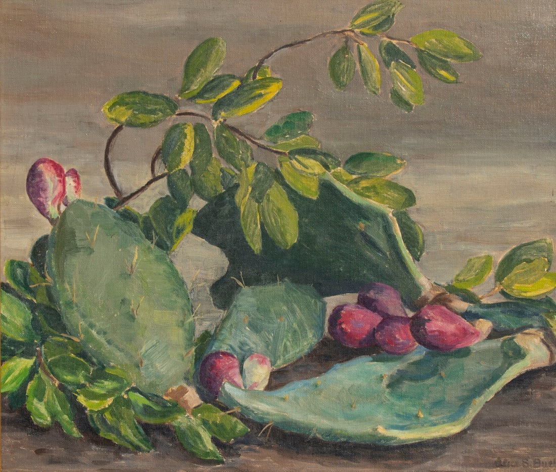 Alice Standish Buell (1892-1960) Illinois New York: STILL LIFE WITH CACTUS, oil painting on canvas board, signed lower right, 16 x 19”, frame 19 ½ x 22 ¼”.