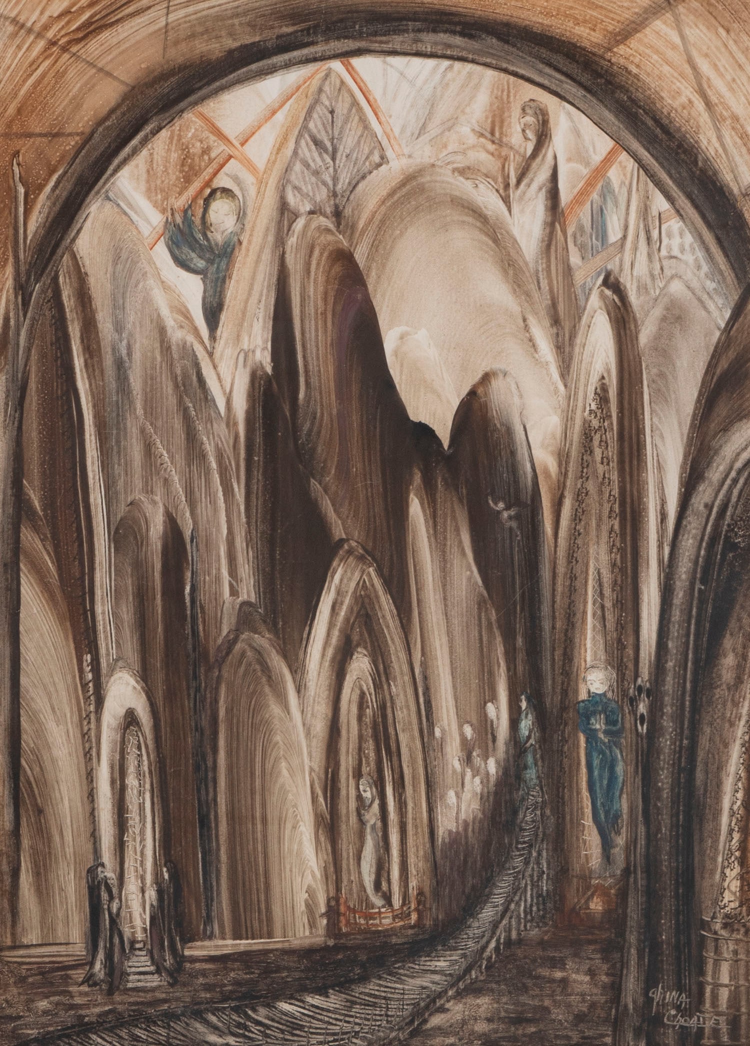 Ghina Choate (20th/ 21st Century) California: SURREALIST SCENE, watercolor on paper with incised accents, signed lower right, sight 21 ¼ x 15 ½”, frame 30 x 23” with glass. Choate was a well-known in the California hippie cu