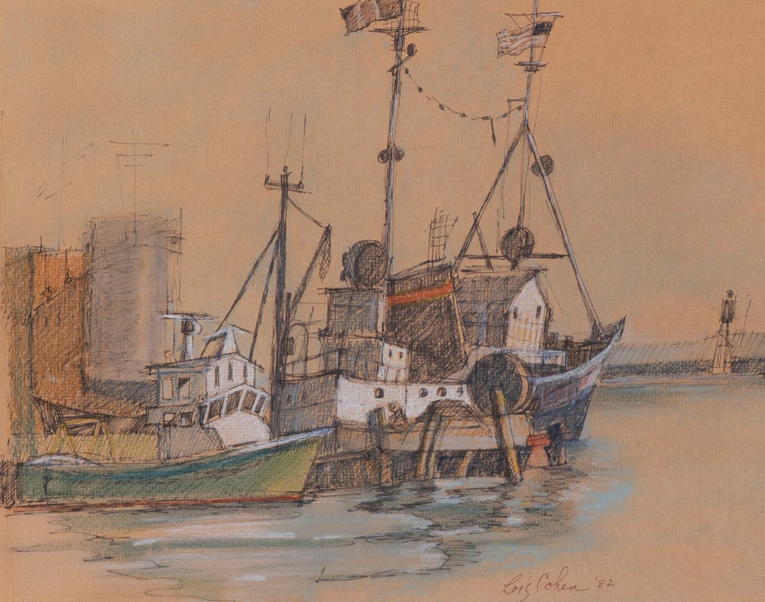 Lois Cohen (b. 1933) Massachusetts: RUSSIAN TRAWLER IN PORT, WOODS HOLE, 1982, ink and pastel drawing on buff paper, signed and dated lower right, sight 11 x 14”, frame 17 ¼ x 21 ¼”.
