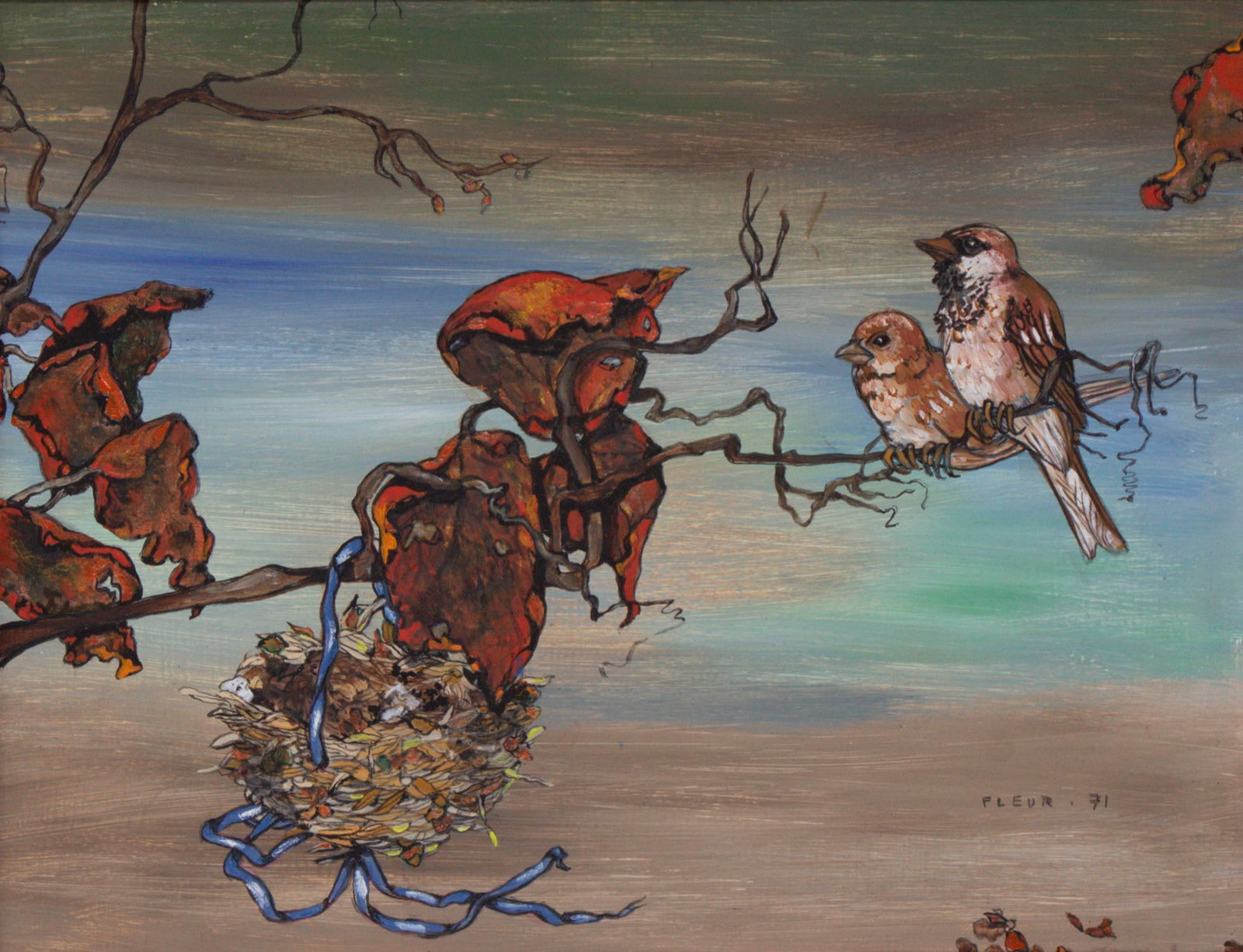 Fleur Cowles (1908-2009) New Jersey England Spain: AUTUMN’S ARRIVAL, 1971, acrylic painting on Masonite, signed and dated lower right, 10 x 13”, frame 15 ½ x 18 ½”. Provenance: Hammer Galleries, New York label and stamp on 