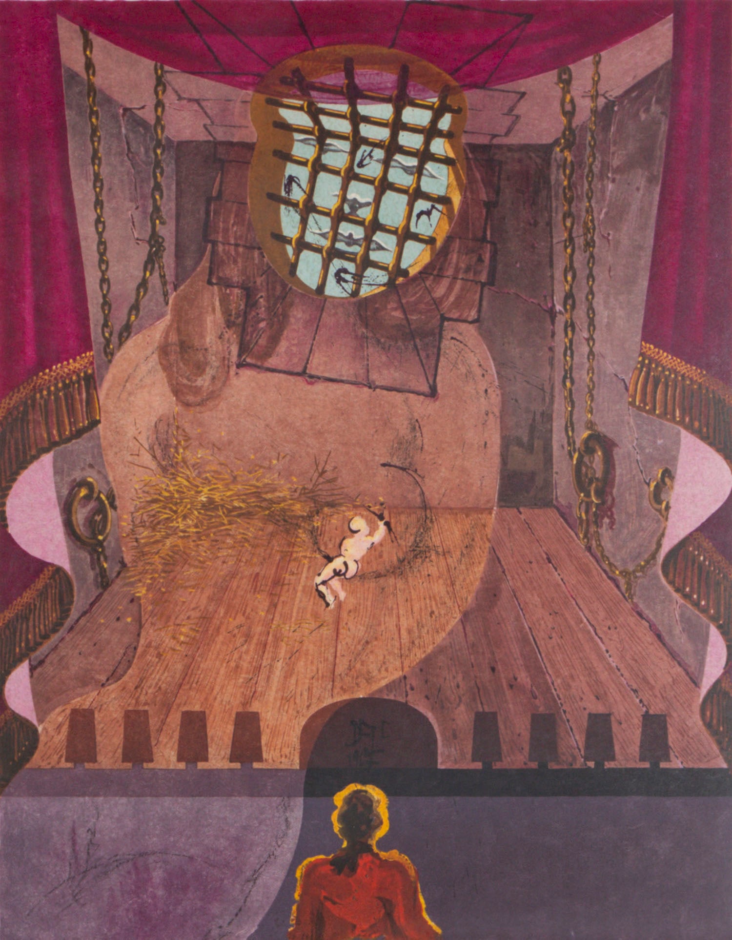 after or attributed to Salvador Dali (1904-1989) Spanish: PRISON from Three Plays by the Marquis de Sade, 1969, color lithograph on Japan paper, signed and inscribed epreuve d’artiste (artist proof) in pencil, image 20 x 15 ½”, full margins,