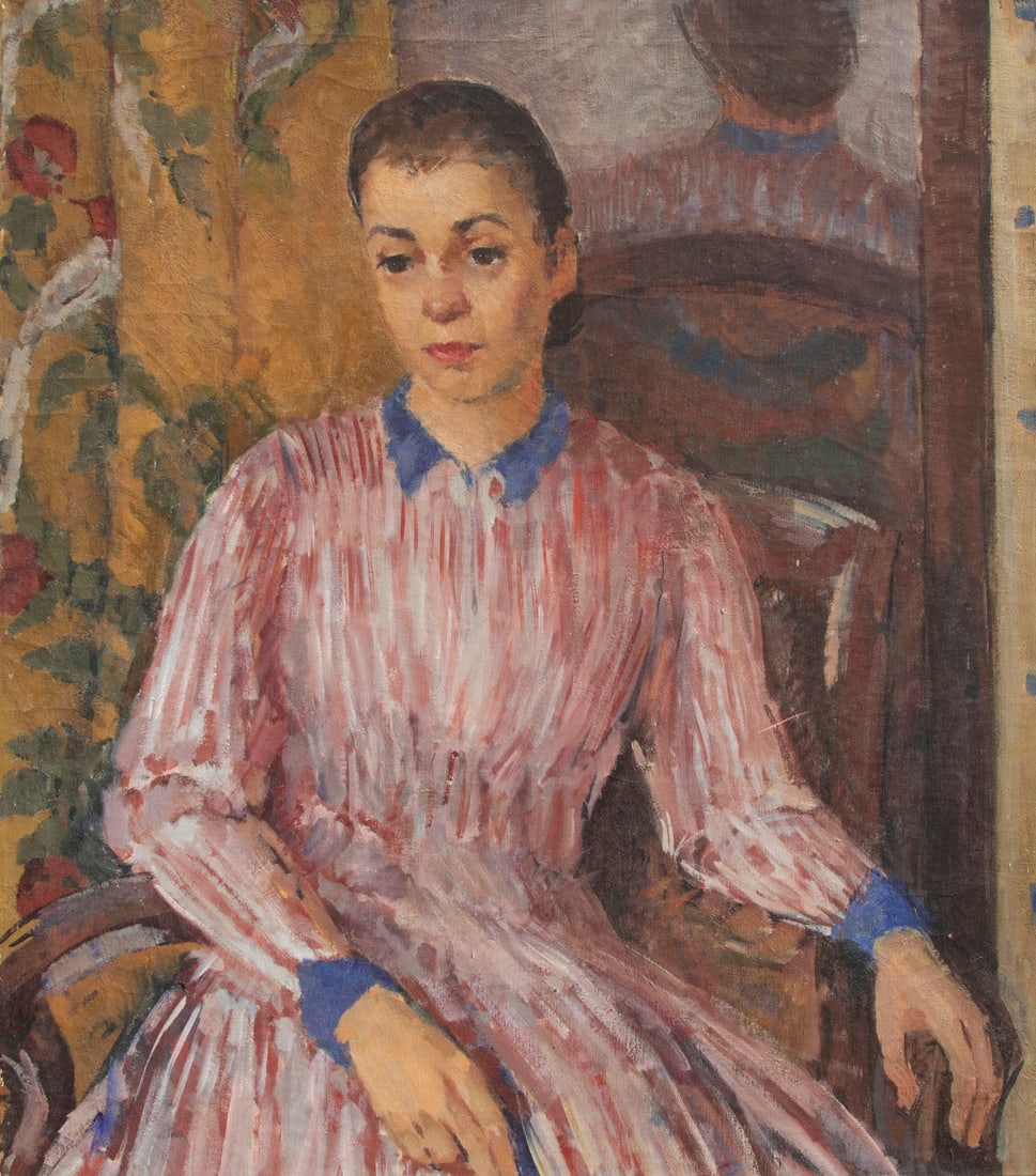 Sara Kolb Danner (1894-1969) New York California: SEATED WOMAN IN ARMCHAIR, oil painting on canvas, signed and or inscribed in pen on verso, 34 ½ x 30”, frame 37 x 33”.