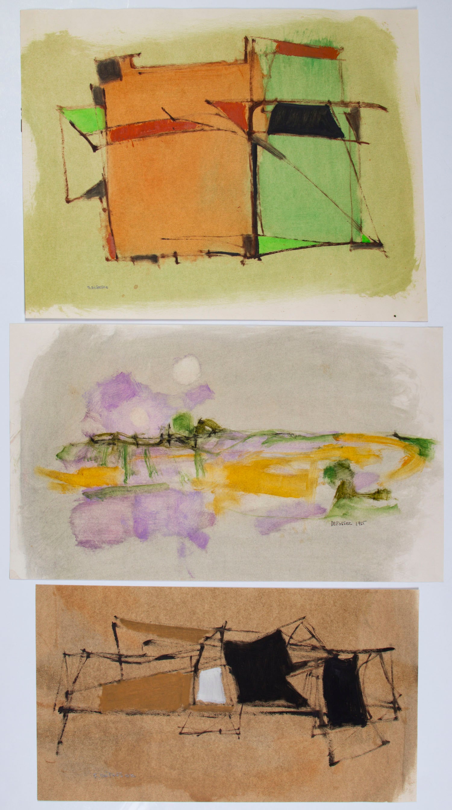 Alfred DeFossez (b. 1932) French (three): ABSTRACTS (2); LANDSCAPE, three watercolors on paper, each signed in ink or pencil, 13 x 16 ½”, 13 ½ x 17 ¼” & 14 ¾ x 20 ¾”. (3)