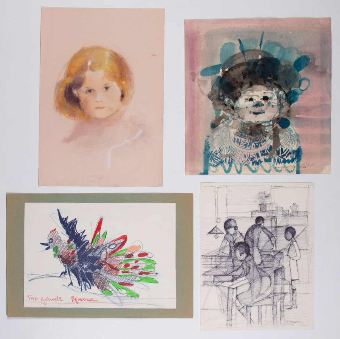 Alfred DeFossez (b. 1932) French (four): VARIOUS, one watercolor, one color pastel, one oil stick drawing on paper and one ink drawing on paper, two signed in ink, one in oil stick mounted to paper, pastel unsigned, sizes from 17 ¼ x 12