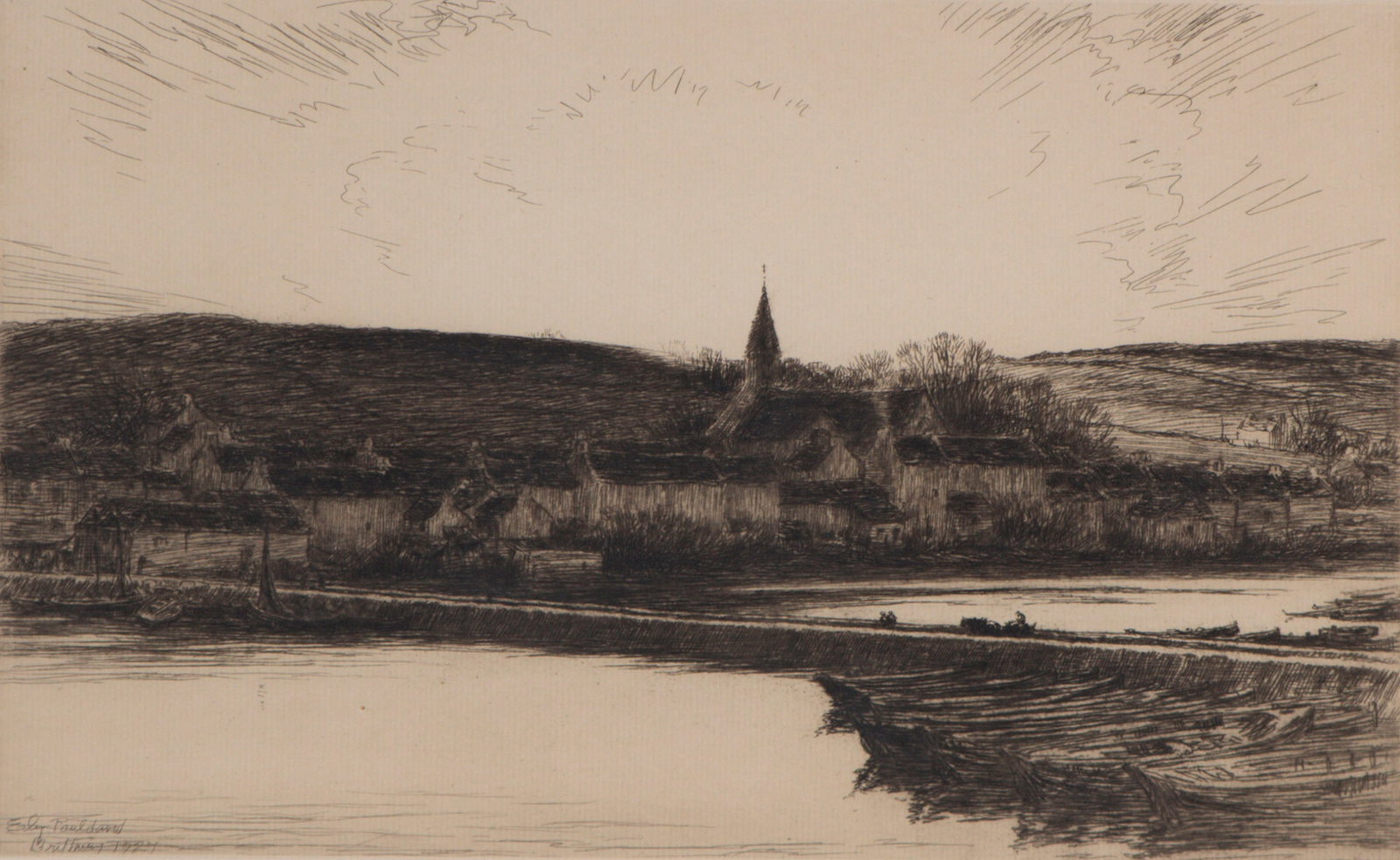 Kerr Eby (1889-1946) Canadian: BRITTANY, 1924, etching, signed in pencil, from an edition of 90, plate 8 x 13”, full margins, frame 15 ½ x 20 ¼” with glass.