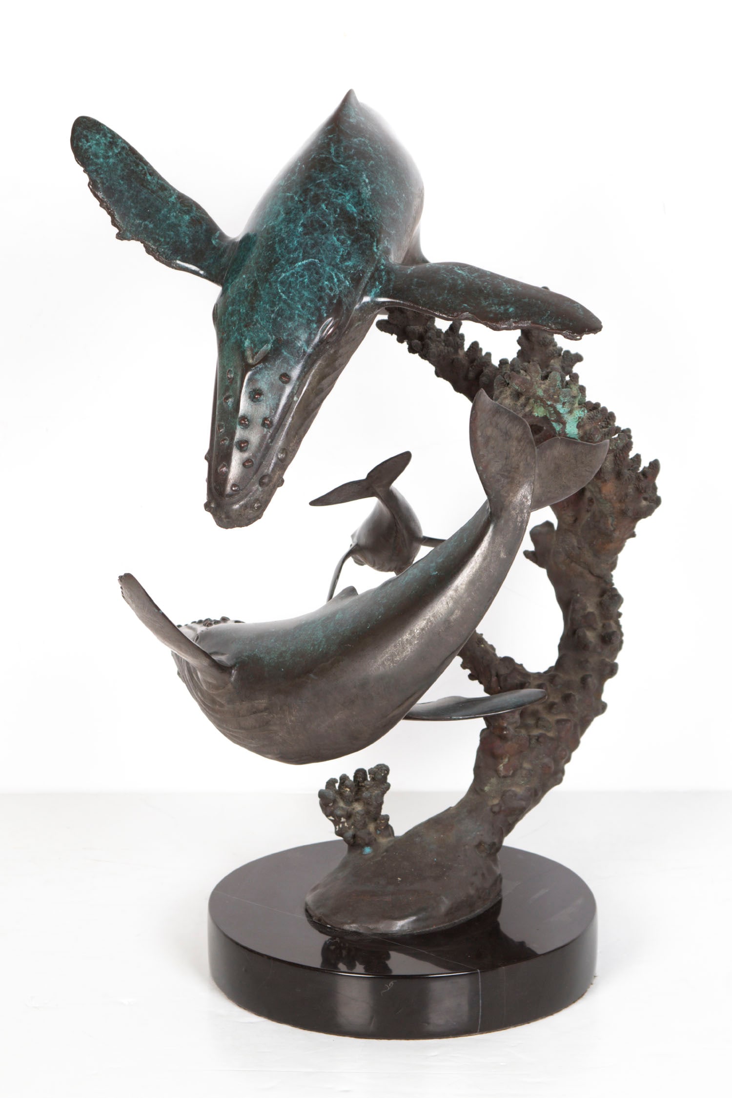Dale Evers (b. 1955) California: WHALES, cast bronze sculpture with patina, signed and numbered 13/200 on front and signed in design on back, 19 x 14 ½ x 13 ½”, mounted to marble base, overall 20 ½” tall, w