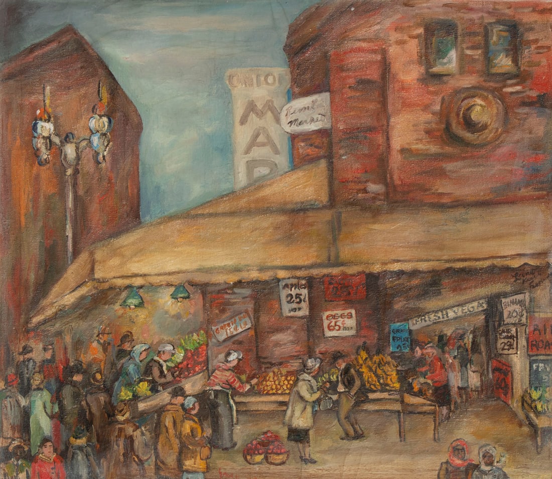 Leona Ferguson (1895-1960) California: MARKET SCENE, oil painting on canvas, signed lower center, 22 x 25”, frame 24 ¾ x 28”.