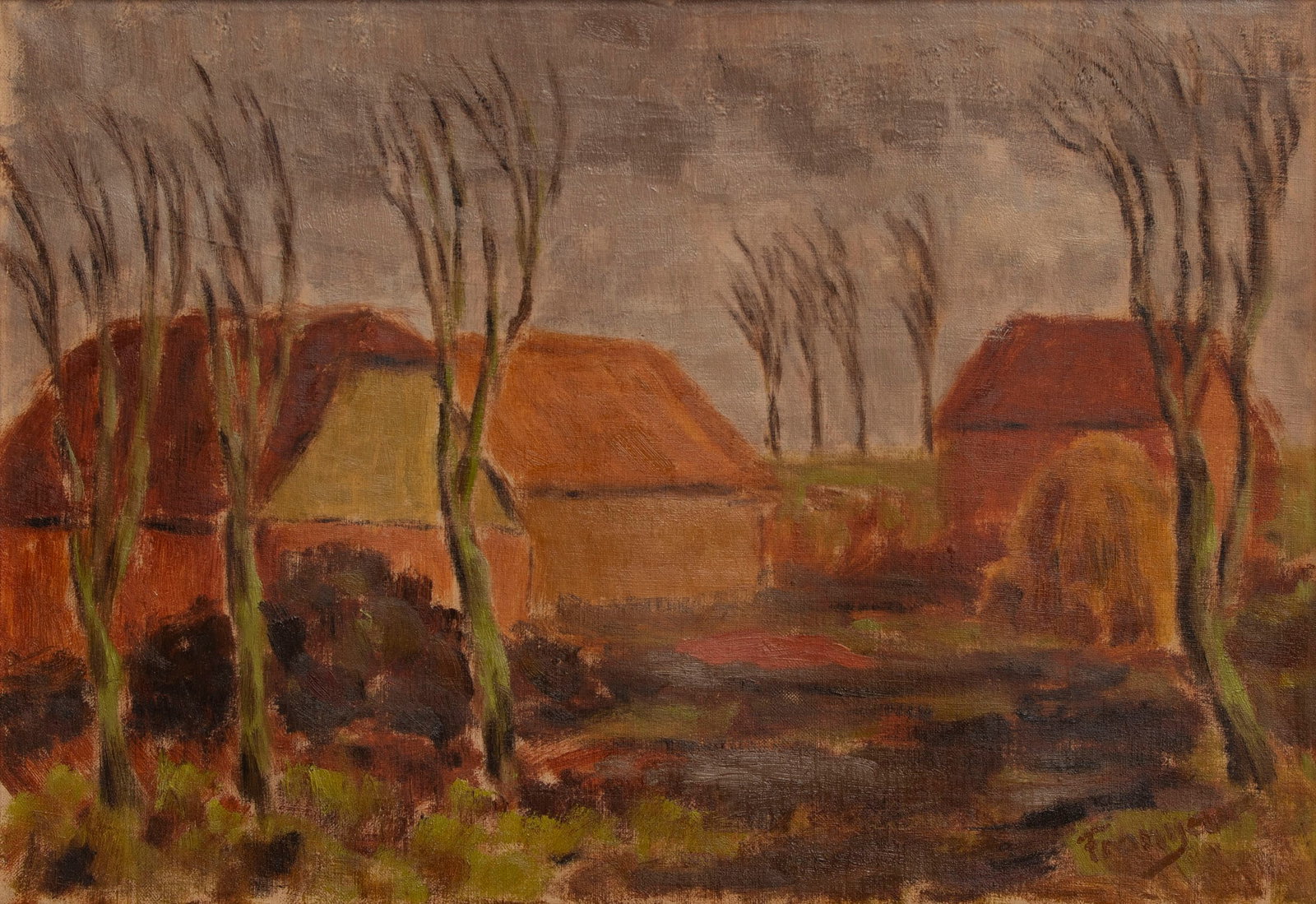 Gerald Franijeur (1903-1984) Danish: IMPRESSIONIST AUTUMN VILLAGE SCENE, 1944, oil painting on canvas, signed lower right, 13 ¾ x 19 ¾”, frame 16 ¼ x 22 ½ x 1 ½”.