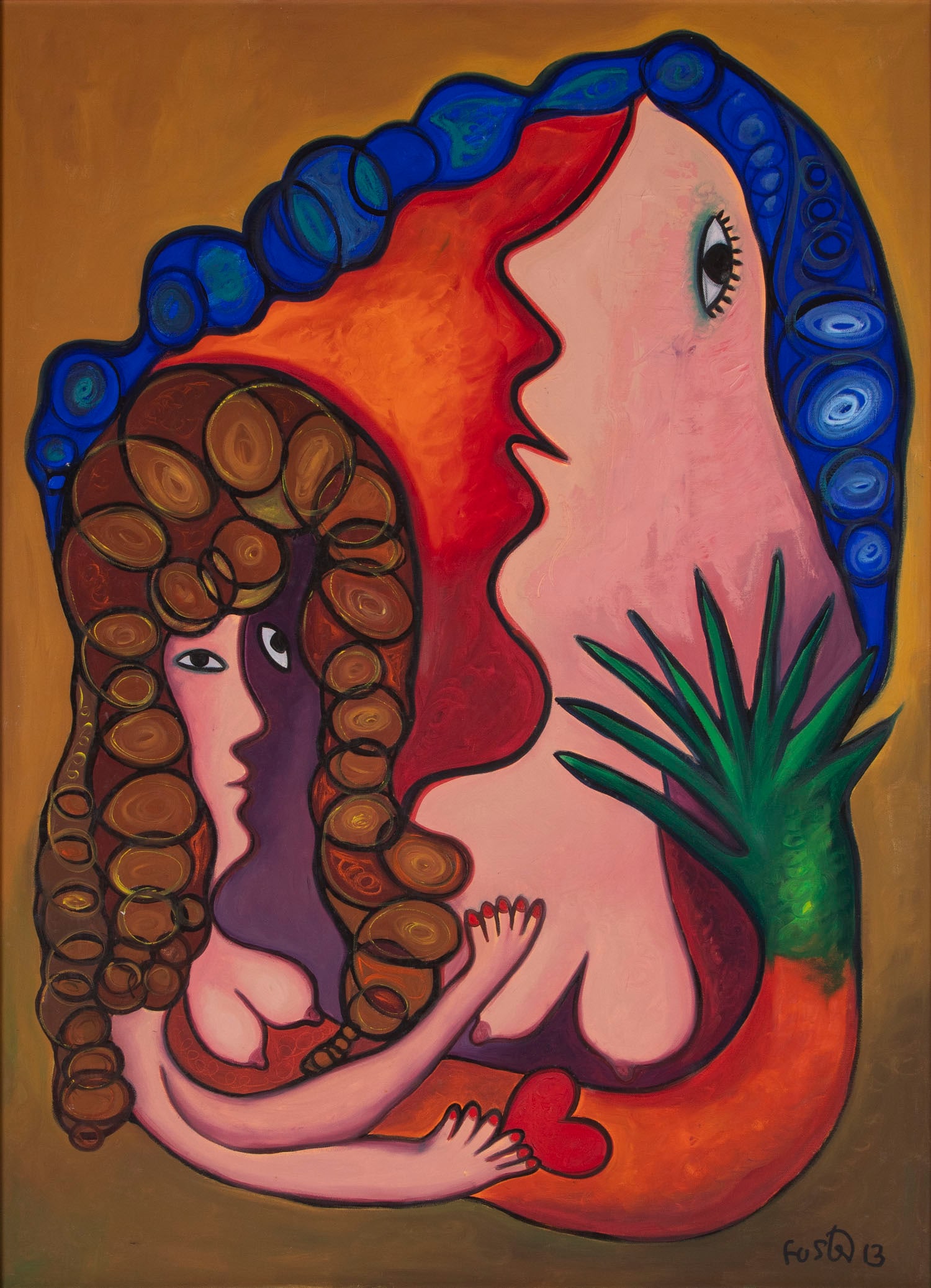 Jose Rodriguez Fuster (b. 1946) Cuban: MUSTARD BROWN BACKGROUND WITH BLUE ARCH, 2013, acrylic painting on canvas, signed and dated lower right, 39 ½ x 28 ½”, frame 41 ¼ x 30 ½”.