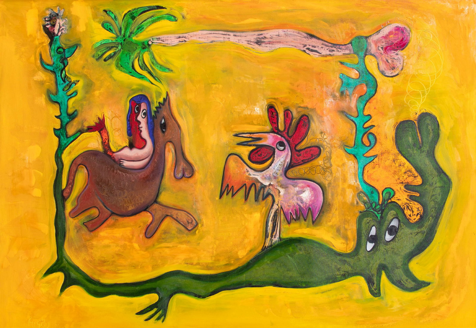 Jose Rodriguez Fuster (b. 1946) Cuban: YELLOW BACKGROUND, 2014, acrylic painting on canvas, signed and dated lower left, overall 46 ¾ x 66 ¾” including frame.