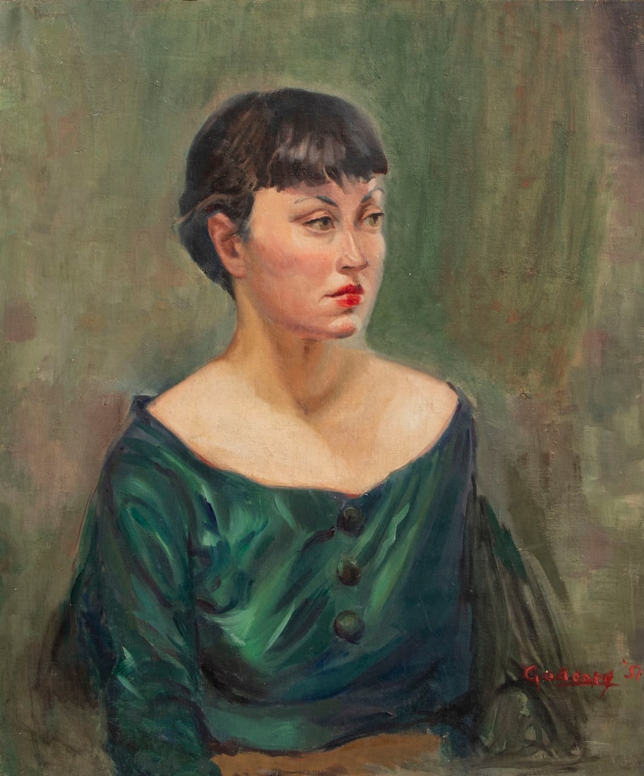 Vivian Goddard (1904-2005) California: GIRL IN GREEN, 1951, oil painting on canvas board, signed and dated lower right, 24 x 20”, frame 26 x 22”.