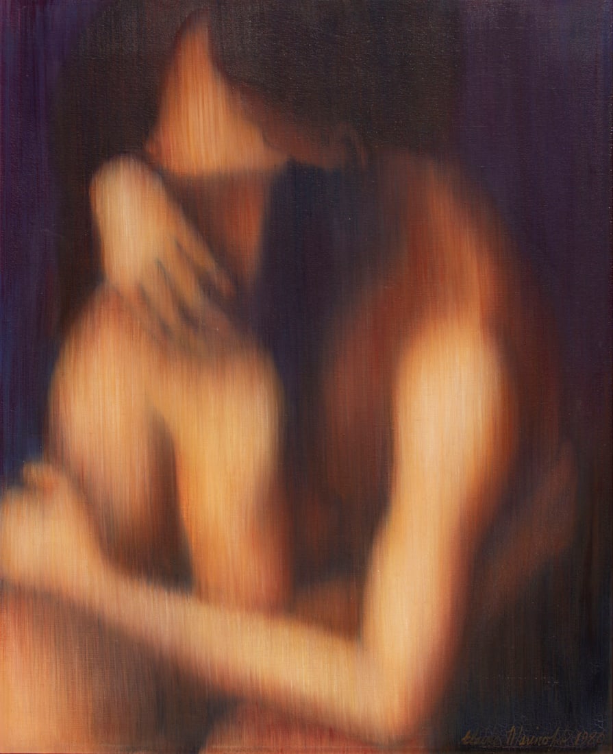 Elaine Marinoff Good (1934-2018) California: LOVERS #10 from the Erotic Series, 1980, oil painting on canvas, signed and dated lower right, signed and dated and titled on verso, 30 x 24”, with frame 31 x 25 x 1 ¾”.
