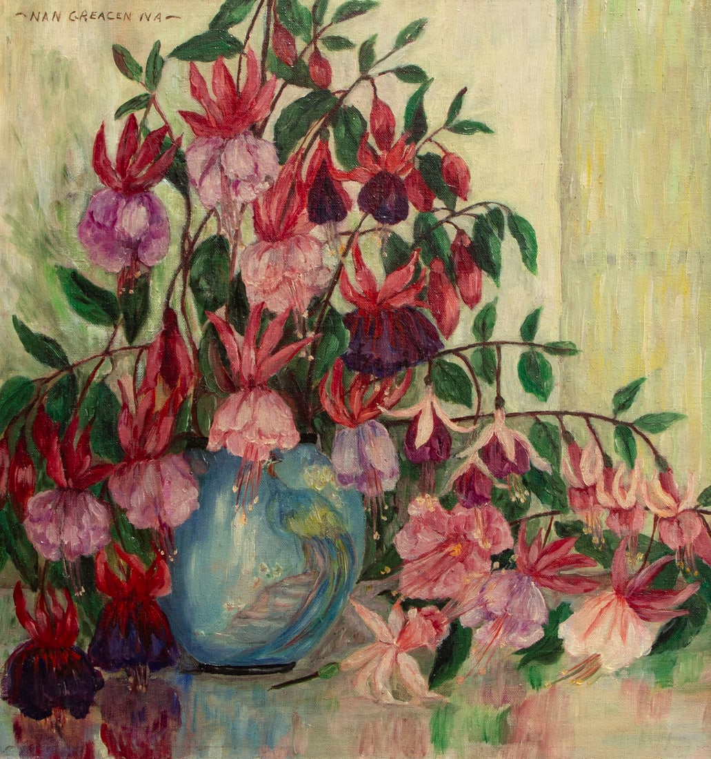 Nan Greacen N.A. (1908-1999) France Florida: BLEEDING HEARTS STILL LIFE, oil painting on canvas board, signed upper left, artist’s reduced board? 18 x 16 ¾”, frame 24 x 22 ¾ x 1 ¾”.