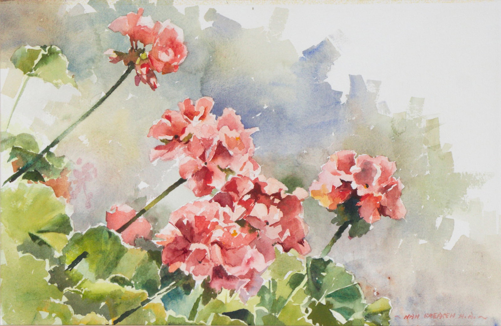 Nan Greacen N.A. (1908-1999) France Florida: GERANIUMS, watercolor on paper, signed lower right, sight 13 x 20”, frame 25 ¼ x 31 ¾” with glass.