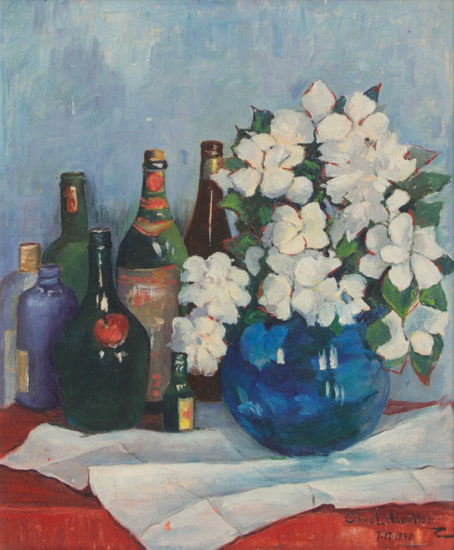 Clara Laughlin Hamilton (1872-1968) Indiana Ohio: STILL LIFE, 1943, oil painting on canvas board, signed and dated lower right, 24 x 20”, frame 27 x 23”.