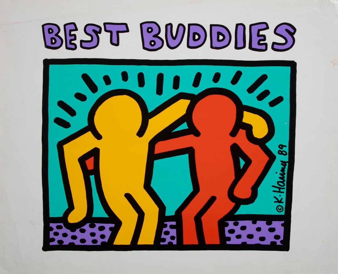Keith Haring (1958-1990) New York: BEST BUDDIES, 1989, color screenprint poster, signature and date in design, 24 x 28 ½”.