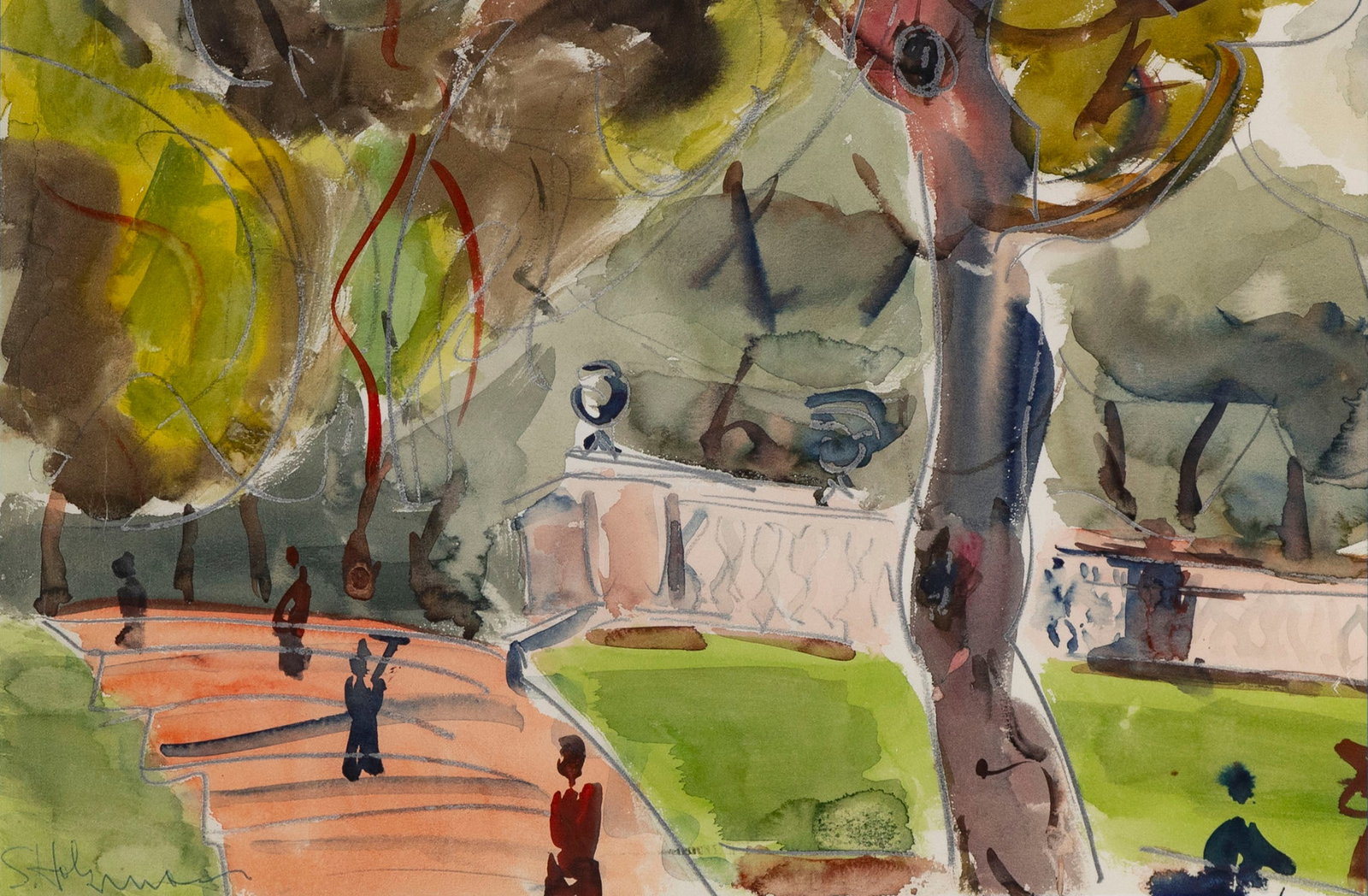 Shimshon Holtzman (1907-1986) Israeli: PEOPLE IN PARK, watercolor on paper, signed lower left, sight 11 ¾ x 17 ¾”, frame 20 ¾ x 26 ¾” with glass.