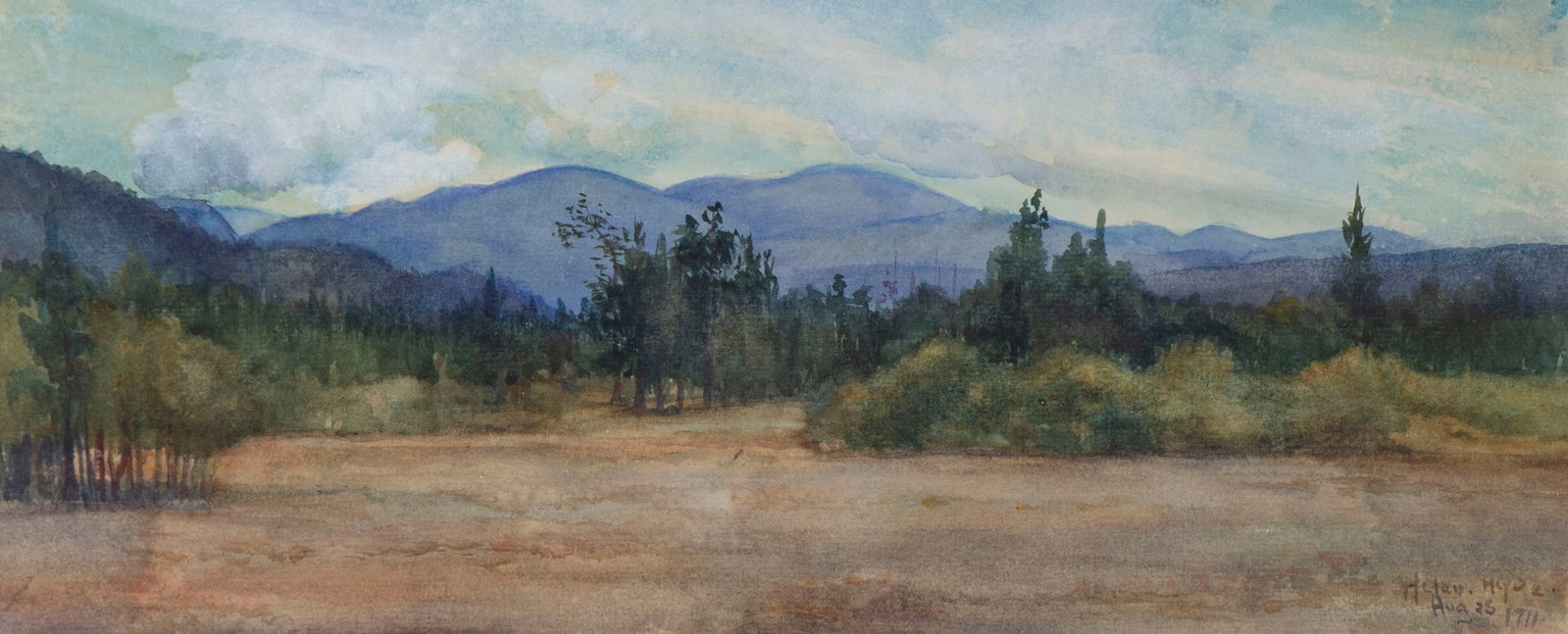 Helen Hyde (1868-1919) New York California: LANDSCAPE AUGUST 25th, 1911, gouache and watercolor on paper, signed and dated lower right, sight 5 ¾ x 14”, frame 15 ¼ x 21 ¼” with glass.