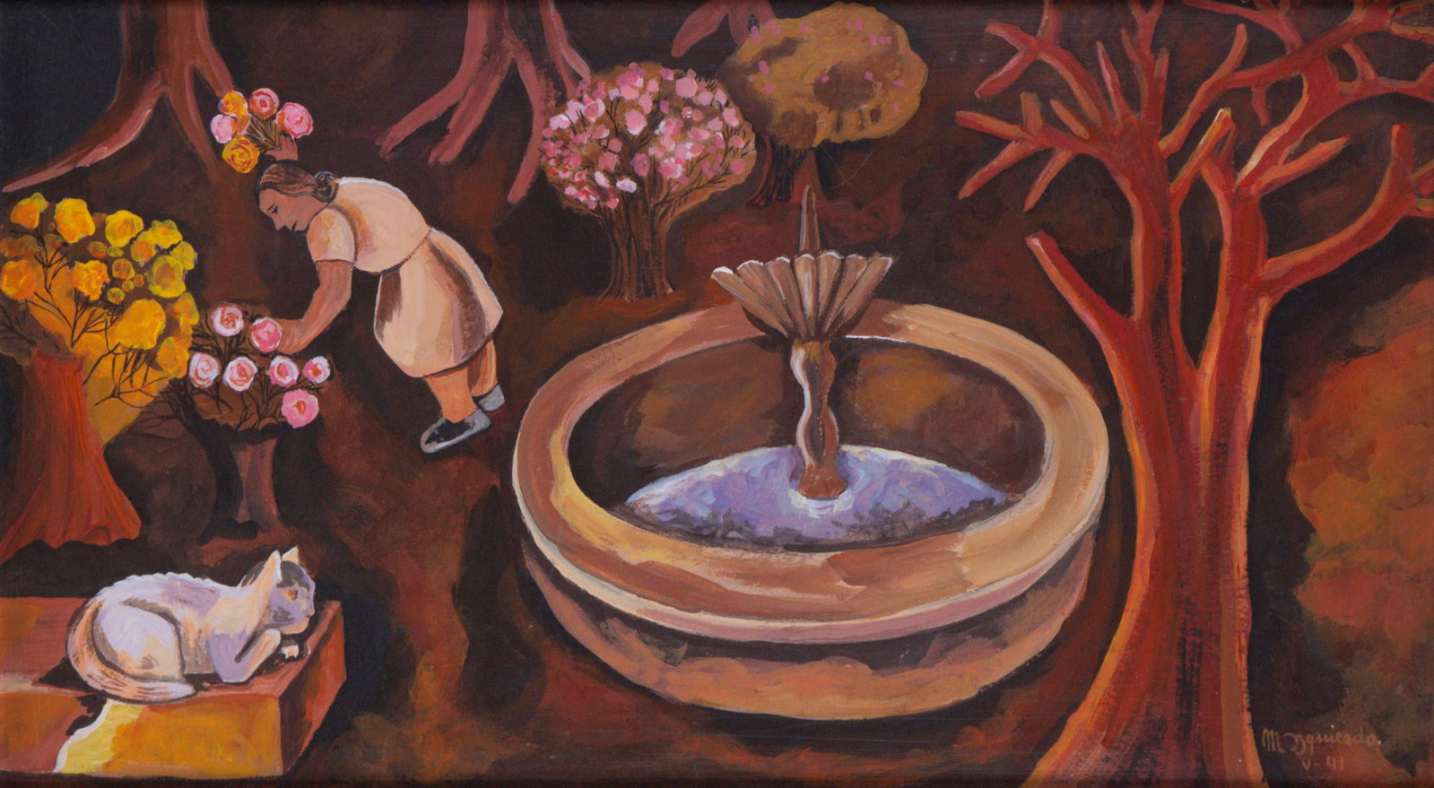 Maria Izquierdo (1902-1955) Mexico: LA FUENTE, 1941, gouache on board, signed and dated lower right, 11 x 20”, frame 19 ¼ x 27 ¾”. Conditions of Sale and Terms of Guarantee apply to all lots.