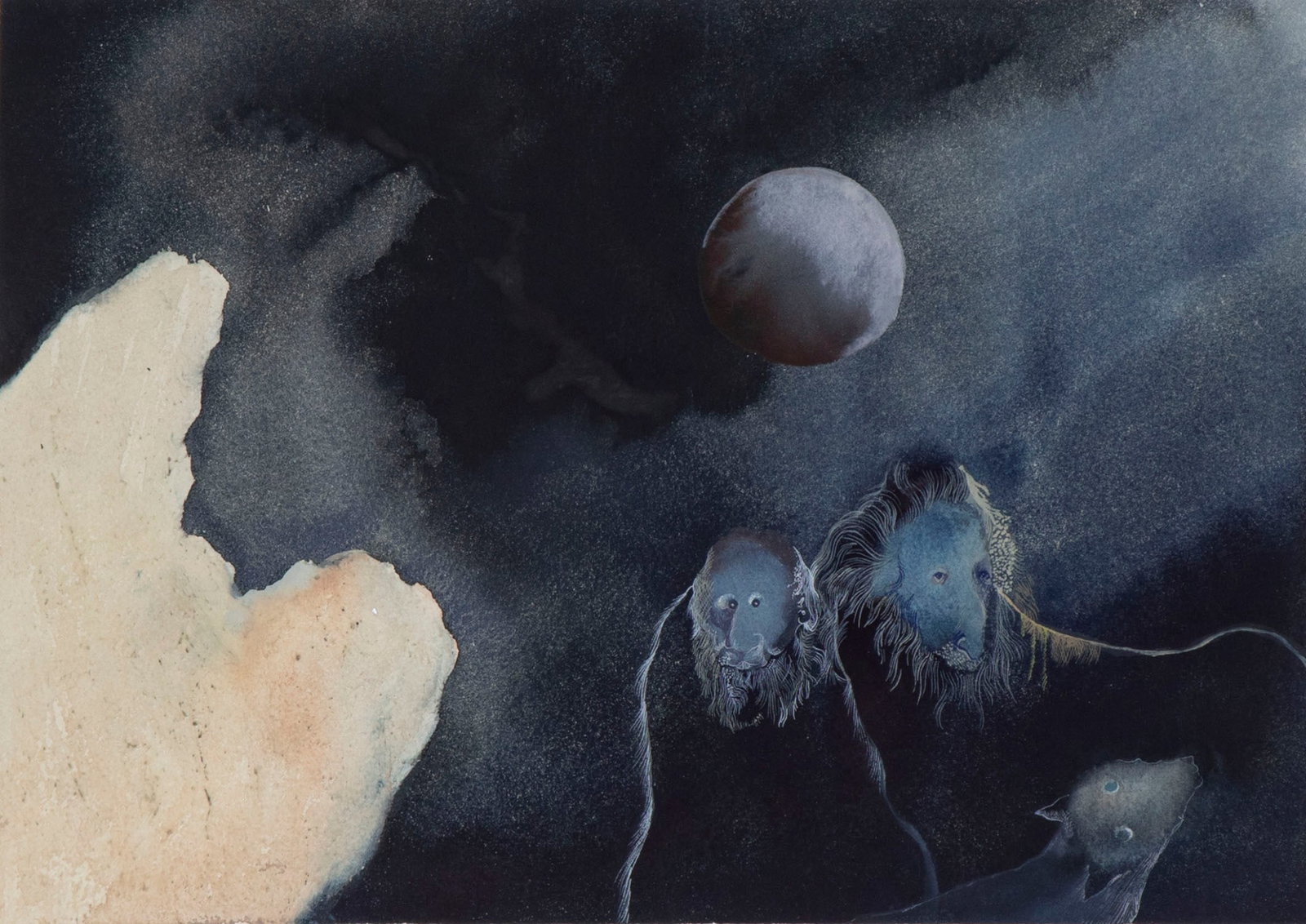 Kathryn Jacobi (b. 1947) Canadian American: FIGURES IN THE NIGHT, 1977, gouache on paper, signed and dated lower right, sight 8 ¼ x 11 ½”, frame 15 x 18 ¼” with glass.