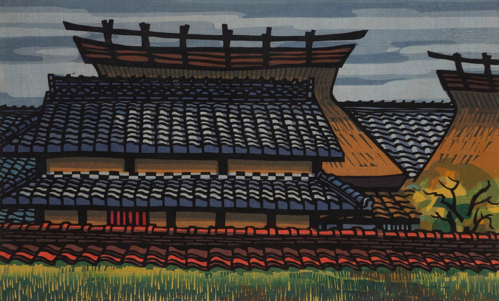 Clifton Karhu (1927-2007) American Japanese: COUNTRY ROOFS, 1969, color woodcut print, signed and titled and numbered 4/50 in pencil, sight 14 x 22 ½”, frame 21 ½ x 30” with glass.