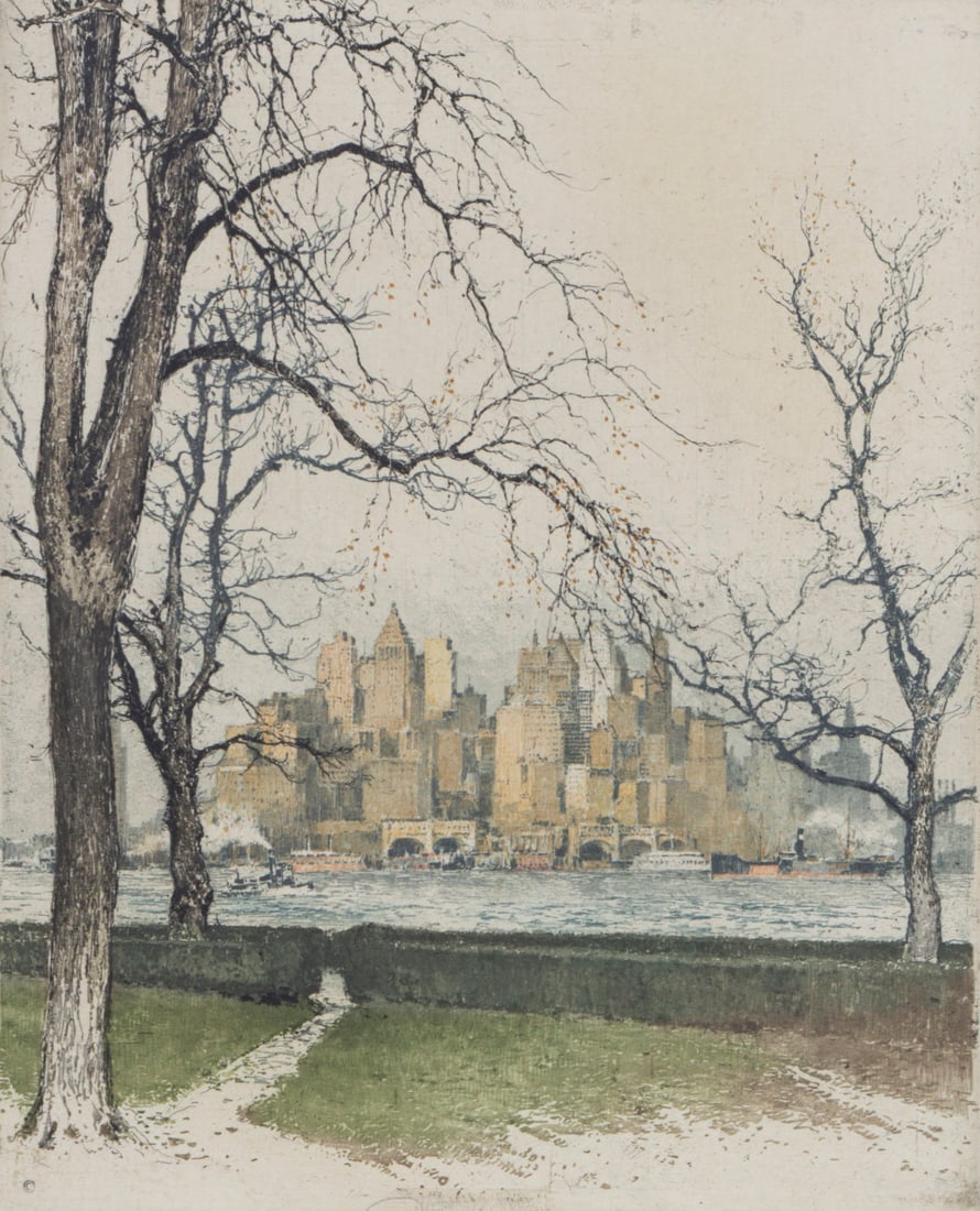 Luigi Kasimir (1881-1962) Austro-Hungarian: LOWER MANHATTAN FROM GOVERNOR’S ISLAND, 1924, color etching, signed in pencil and dated in the design, plate 15 ½ x 12 ½”, full margins, frame 23 x 19 ¾” with glass.