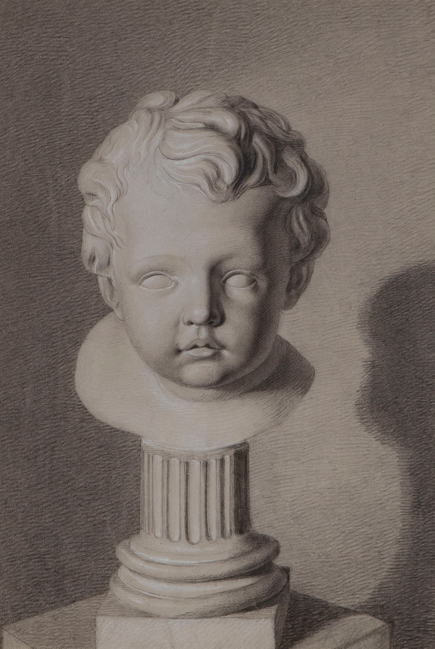 Rudolf Koller (1828-1905) Swiss: STUDY OF A MARBLE BUST, graphite with charcoal and white highlights on paper, signed lower right, sight 15 ½ x 10 ½”, frame 21 ¾ x 17 ¾” with glass.